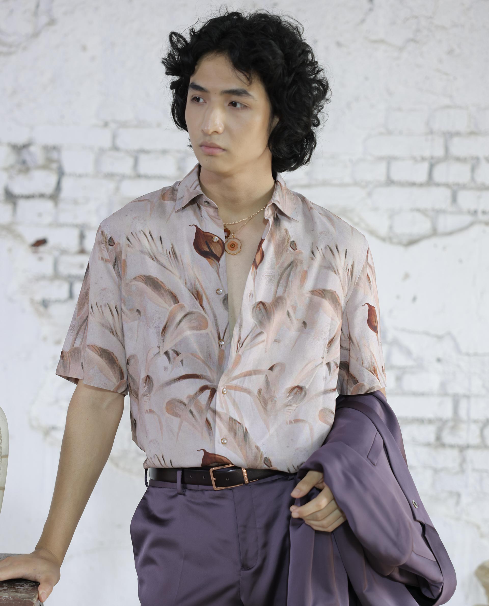 Rare Rabbit Men's Bowon-SS Light Brown Cotton Fabric Half Sleeves Tonal Tropical Print Shirt