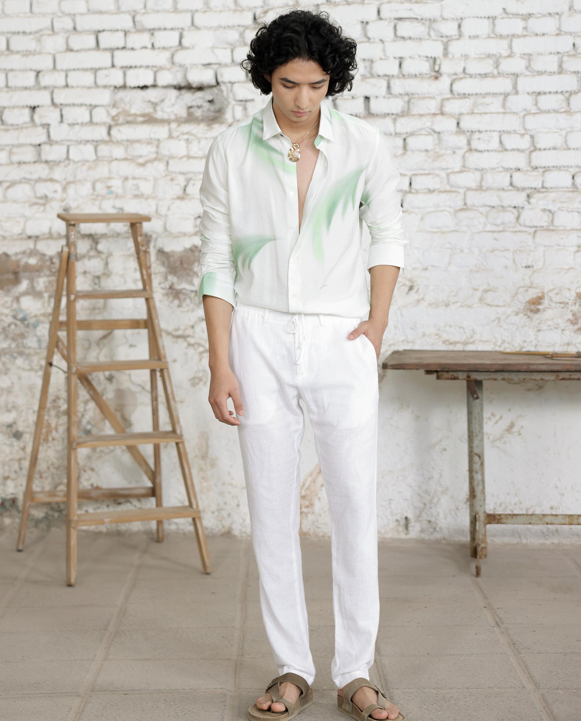 Rare Rabbit Mens Dezen Pastel Green Full Sleeve Tropical Print Shirt