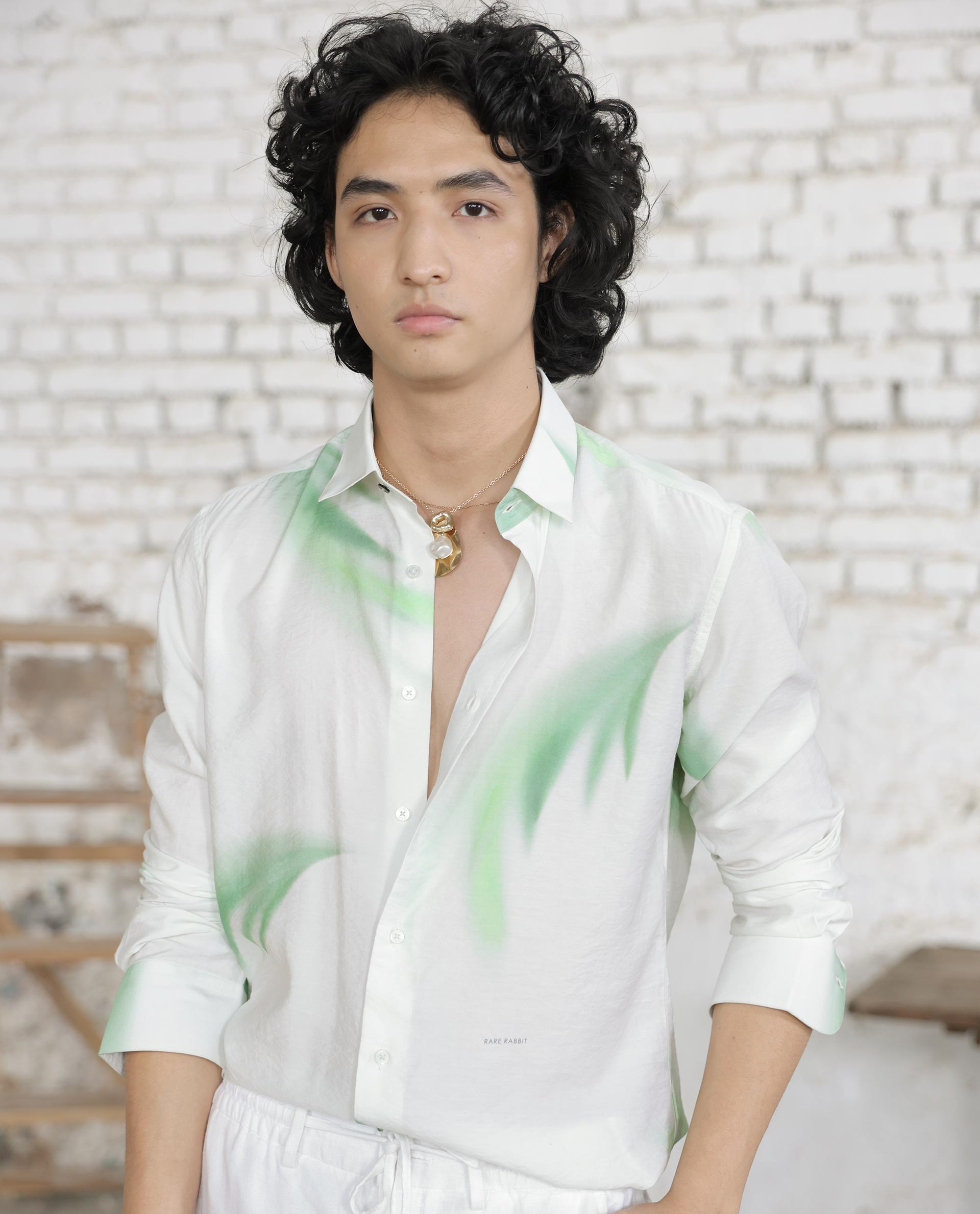 Rare Rabbit Mens Dezen Pastel Green Full Sleeve Tropical Print Shirt