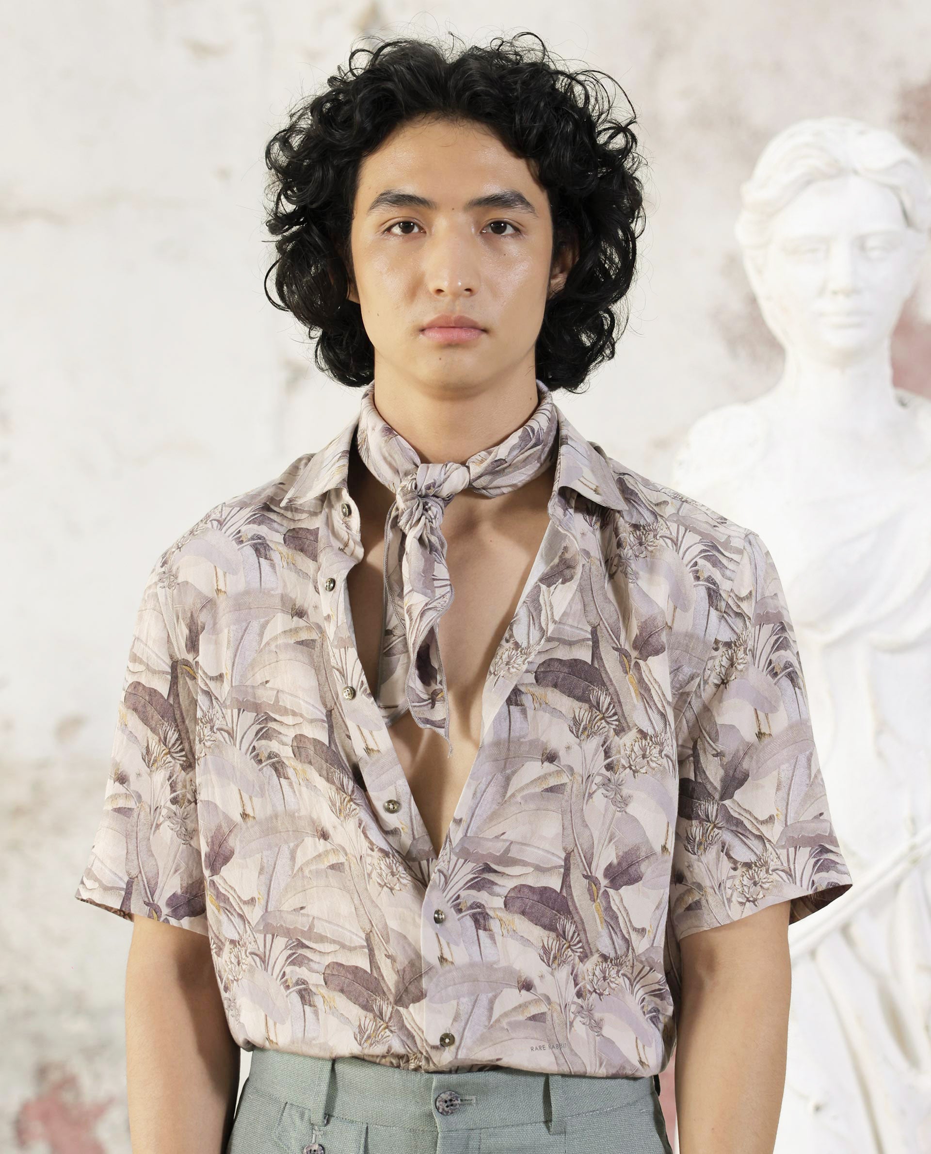 Rare Rabbit Mens Verton Beige Short Sleeve Regular Collar Boxy Fit Tropical Print Shirt