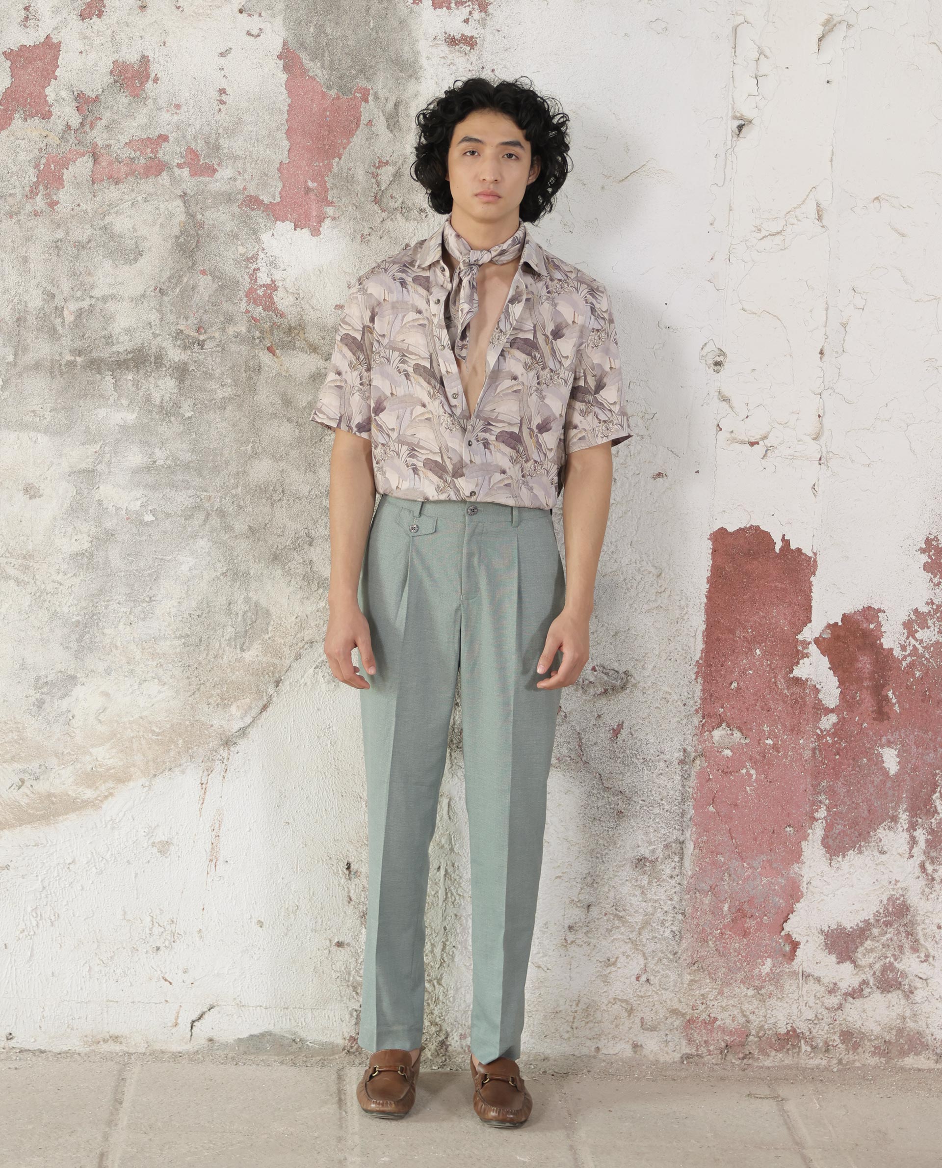 Rare Rabbit Mens Verton Beige Short Sleeve Regular Collar Boxy Fit Tropical Print Shirt