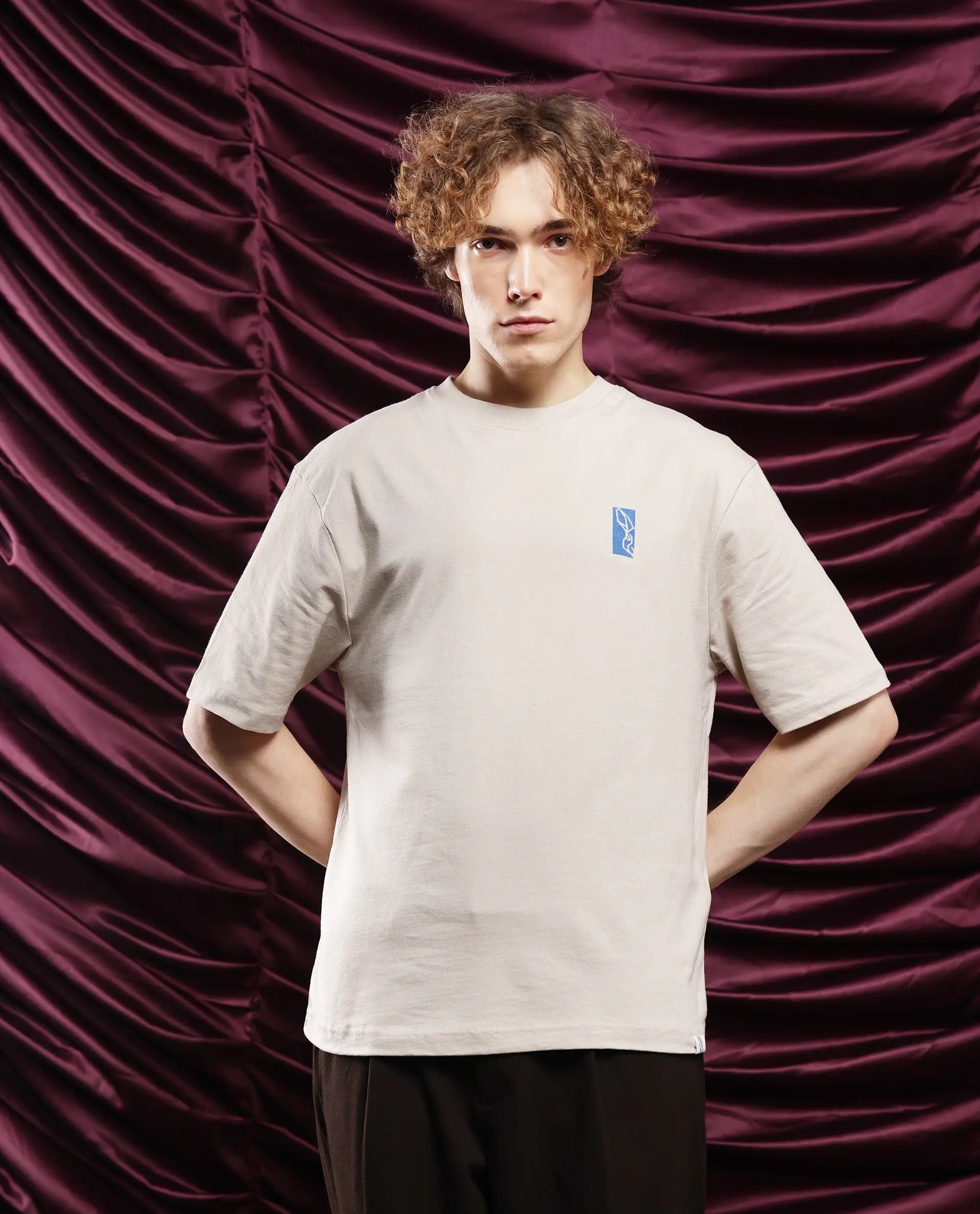 Rare Rabbit Men Hord Off White Cotton Fabric Short Sleeve Crew Neck Oversized Fit Graphic Back Print T-Shirt