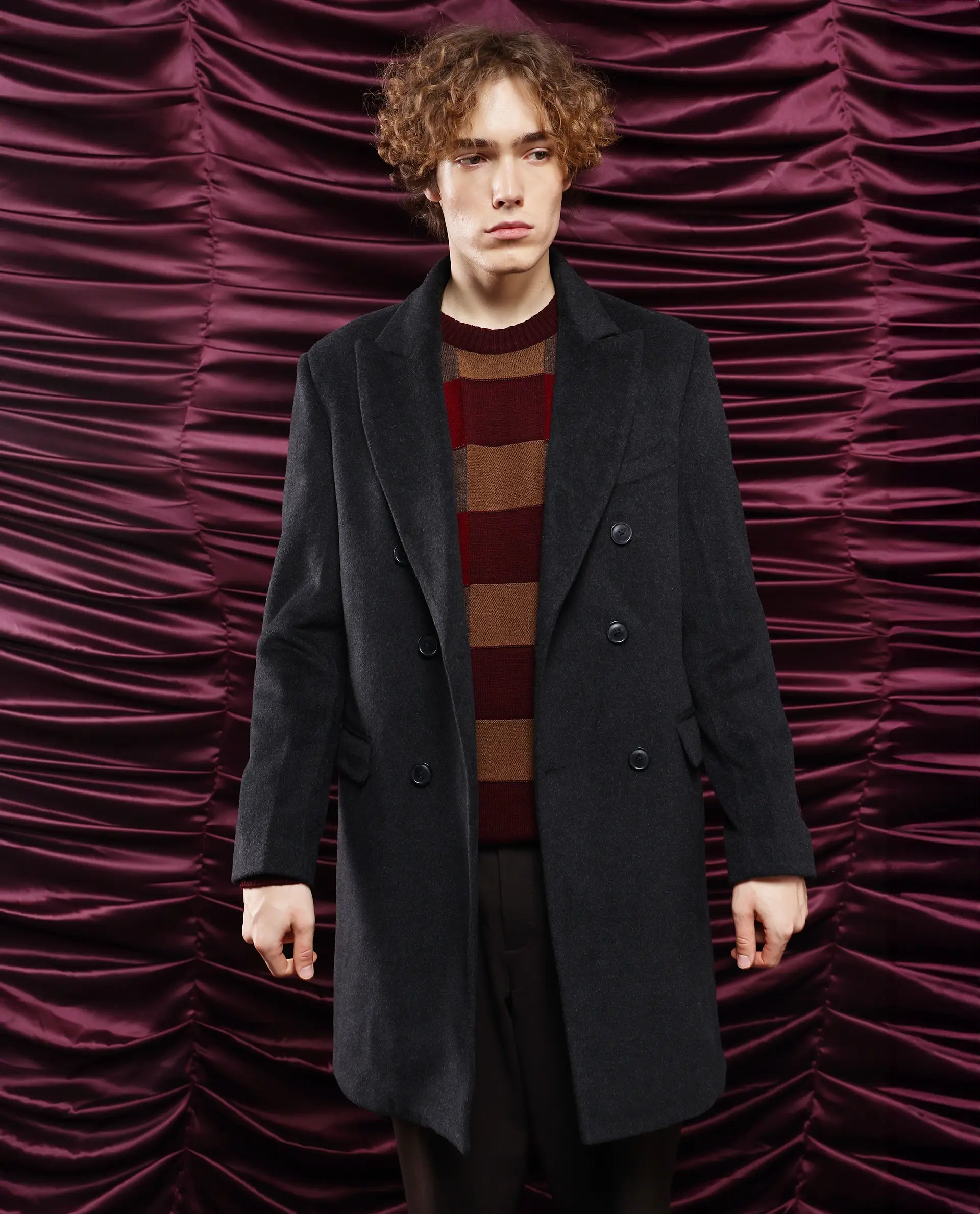 Rare Rabbit Men Spartan Black Polyester Rayon Fabric Full Sleeve Lapel Collar Plain Coat