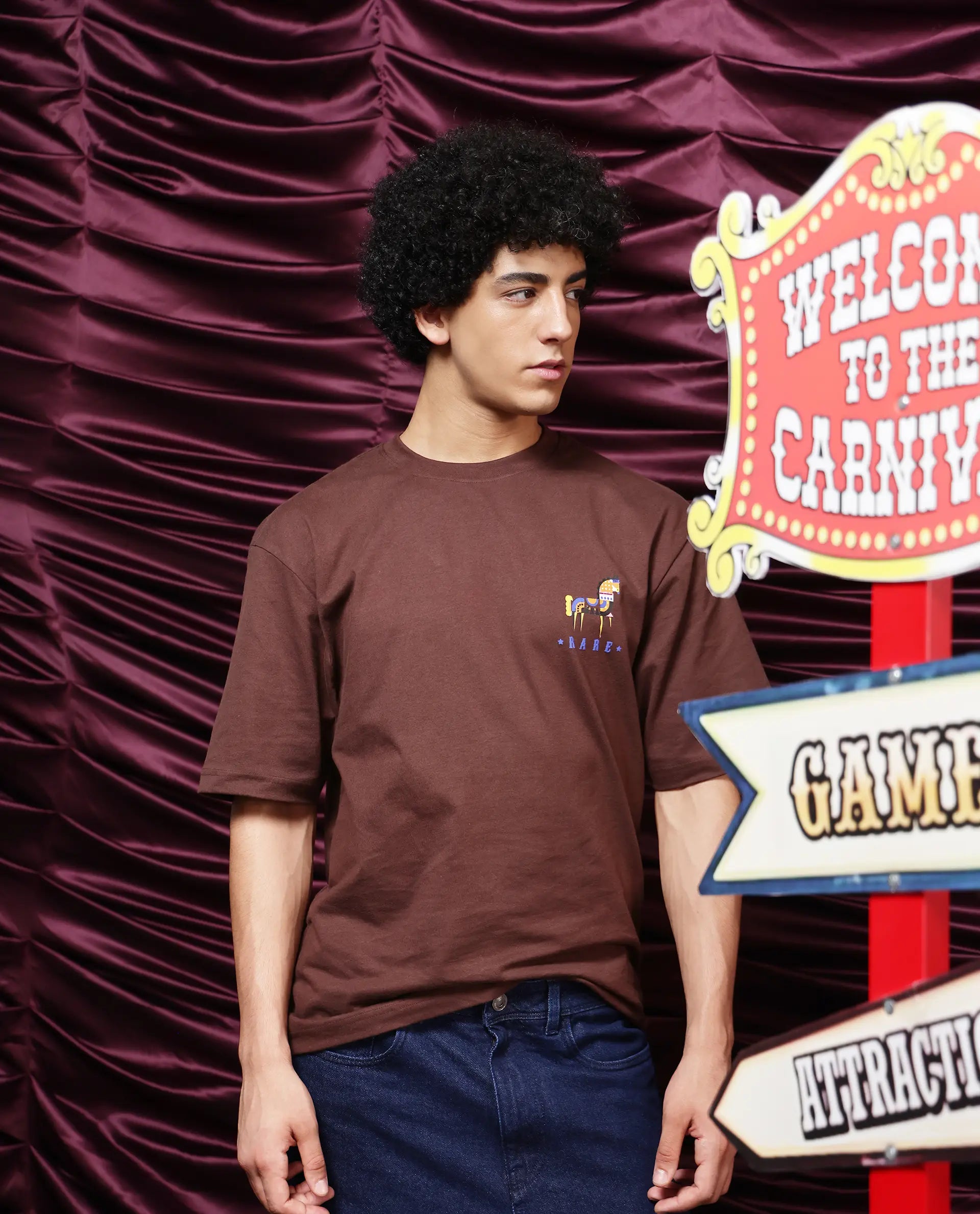 Rare Rabbit Men Carn Brown Short Sleeve Crew Neck Boxy Fit Printed T-Shirt