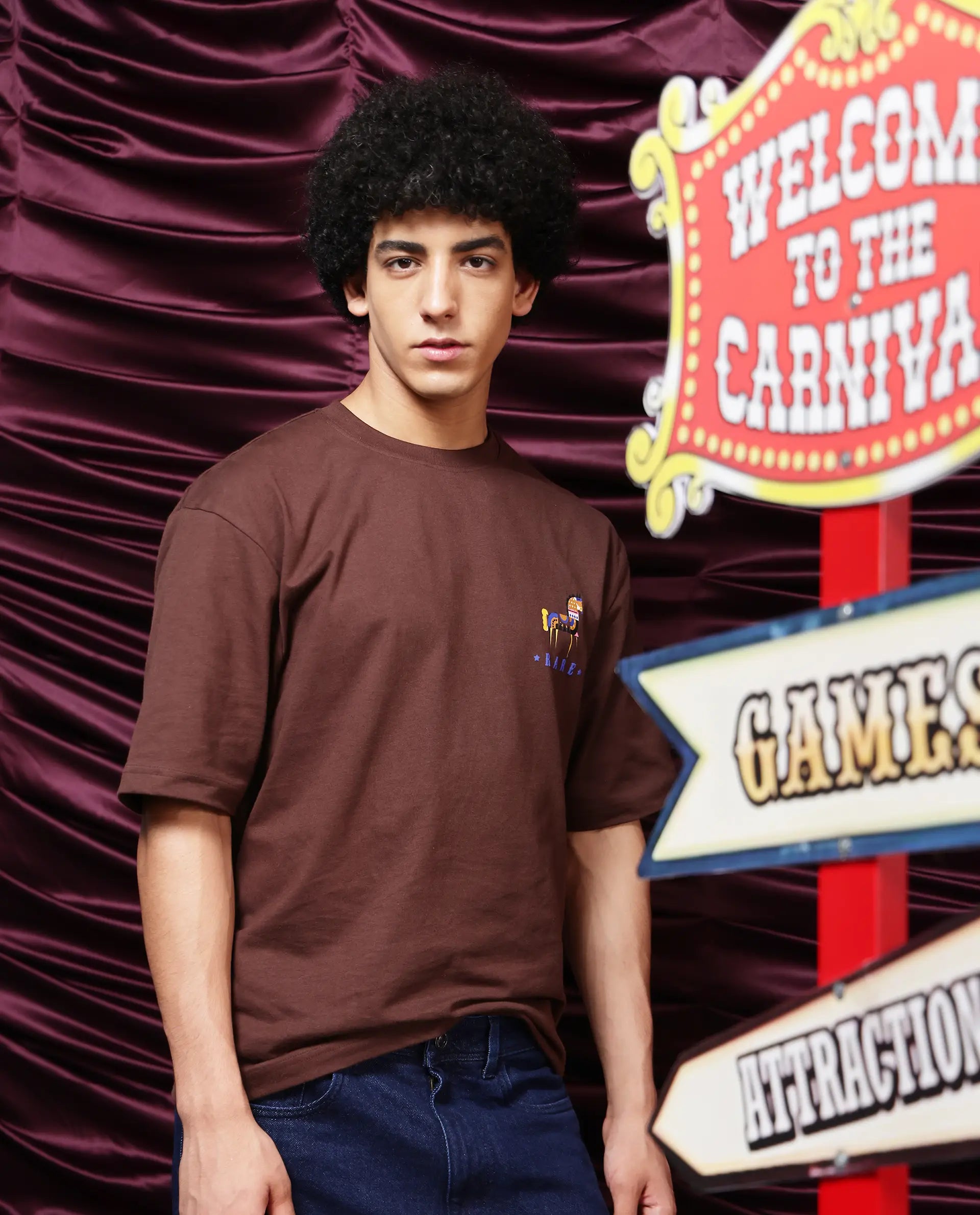 Rare Rabbit Men Carn Brown Short Sleeve Crew Neck Boxy Fit Printed T-Shirt