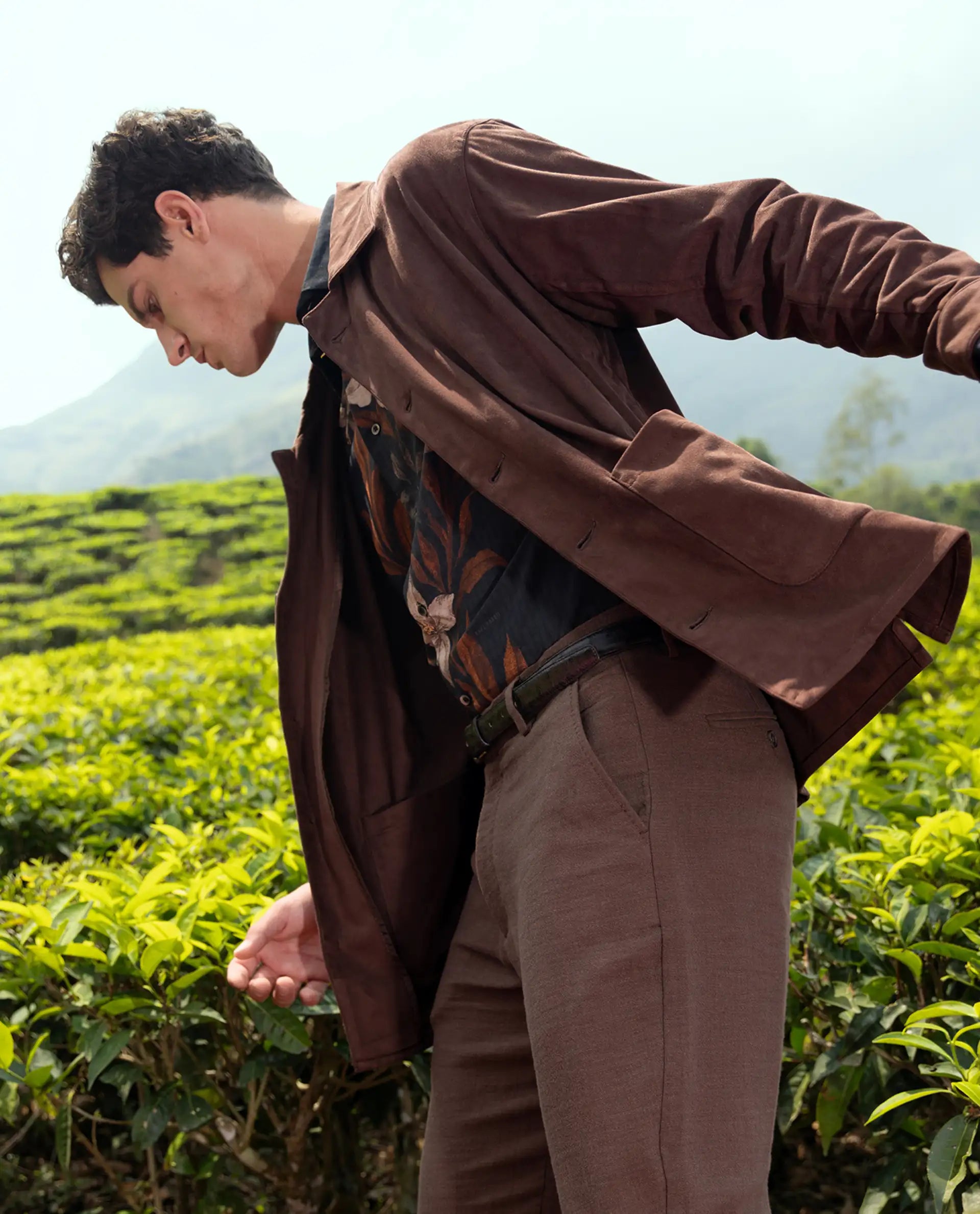 Rare Rabbit Men's Bran Brown Suede Blend Fabric Collared Neck Regular Fit Plain Jacket