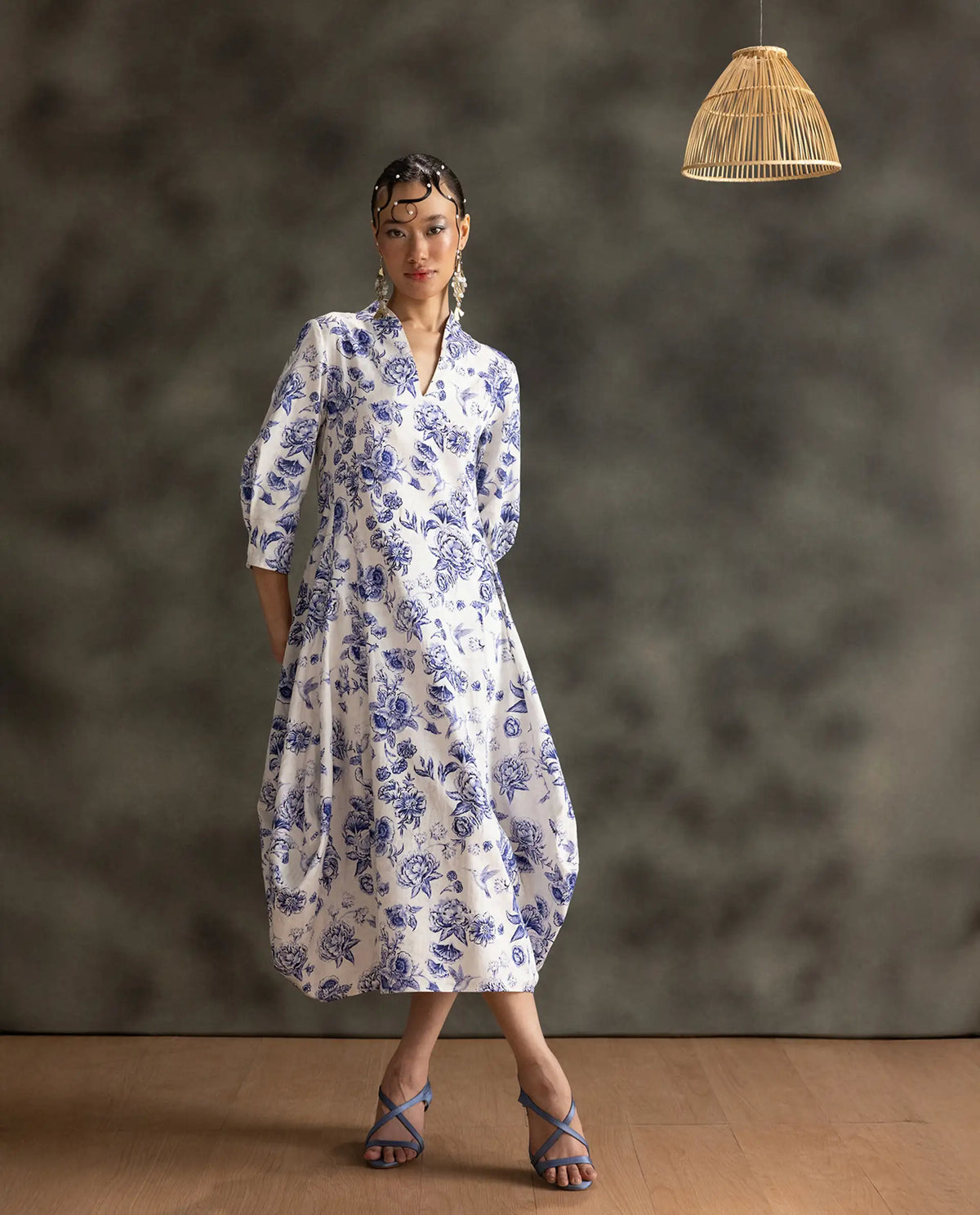 Rareism Women's Manda Beige Floral Cotton A-Line Three Quarter Sleeve Dress