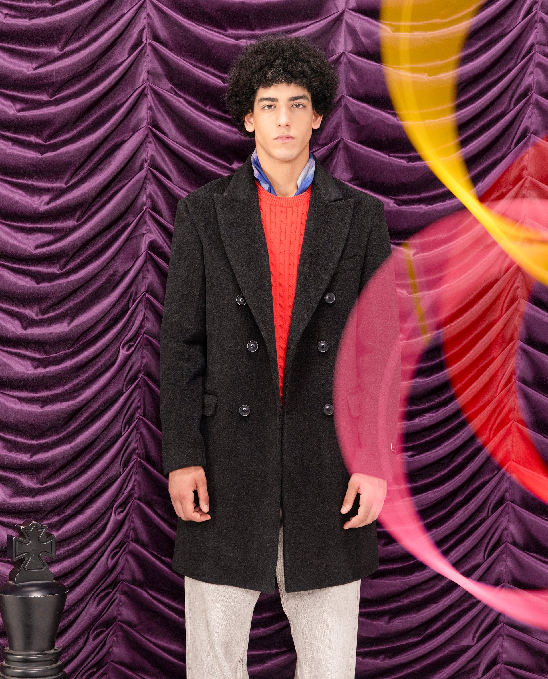 Rare Rabbit Men Spartan Black Polyester Rayon Fabric Full Sleeve Lapel Collar Plain Coat