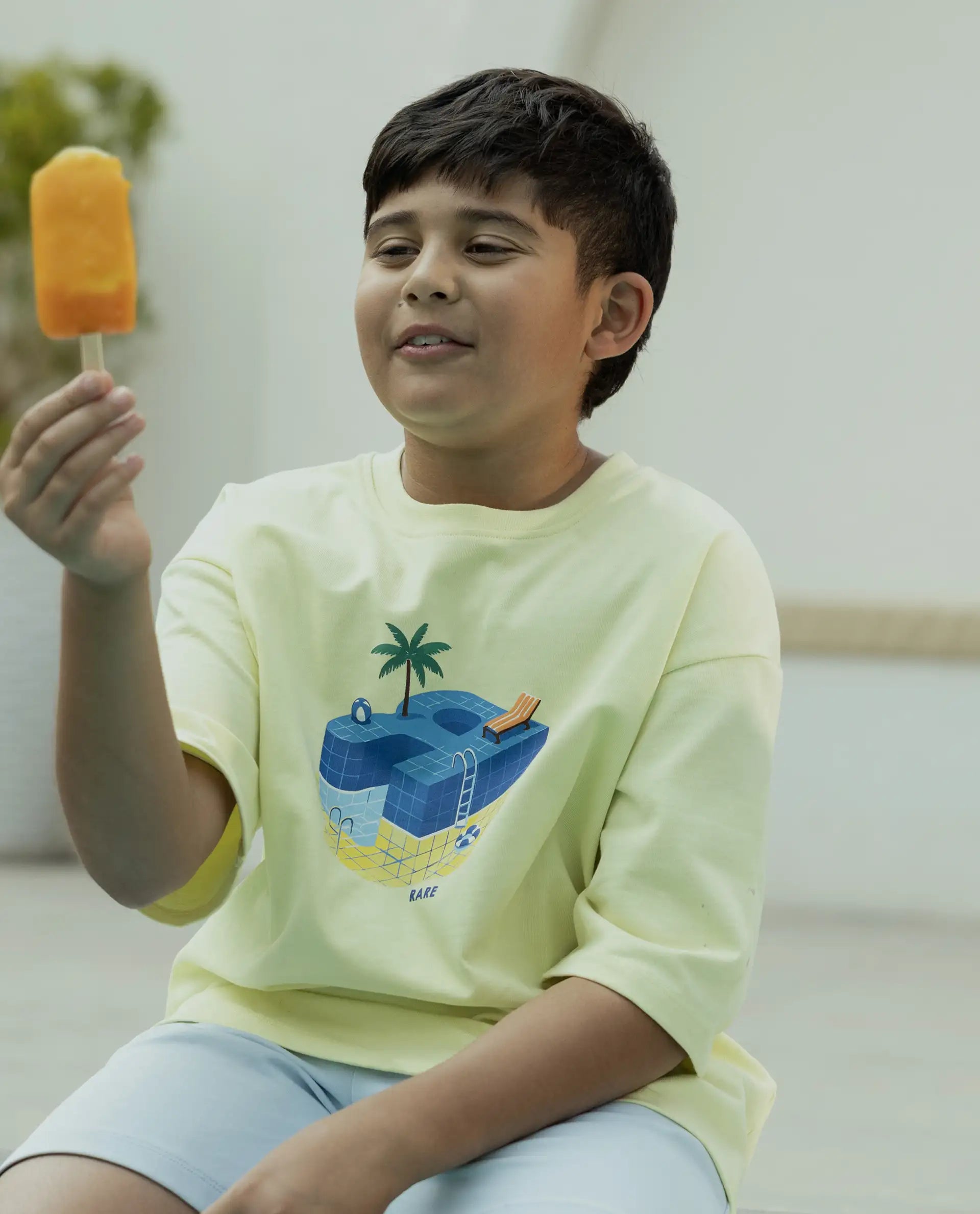 Rare Ones Kids Ken Light Yellow Cotton Pull-On Closure Oversized Fit T-Shirt