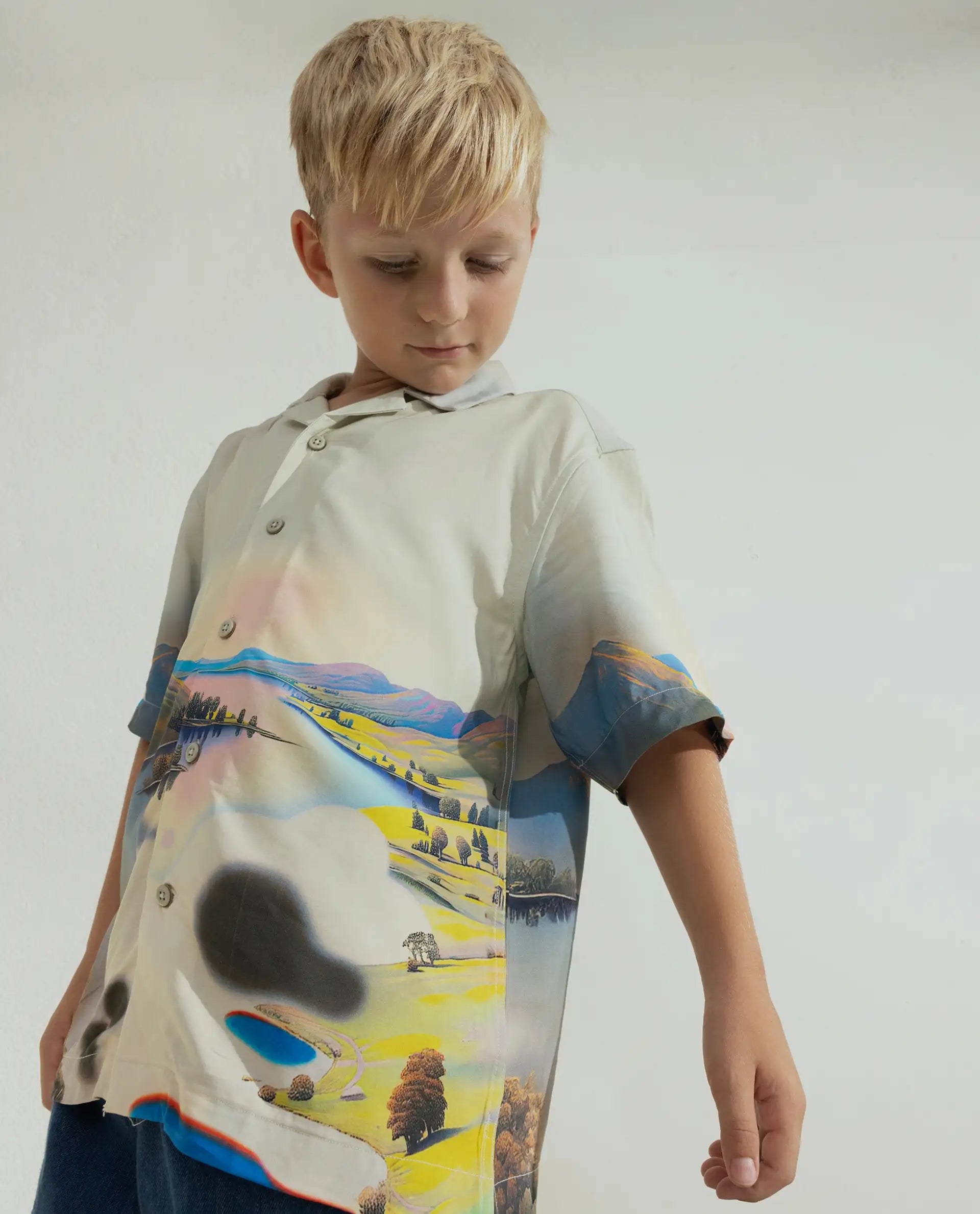 Rare Ones Kids Afix-K Light Yellow Viscose Rayon Fabric Button Closure Digital Print Boxy Fit Shirt