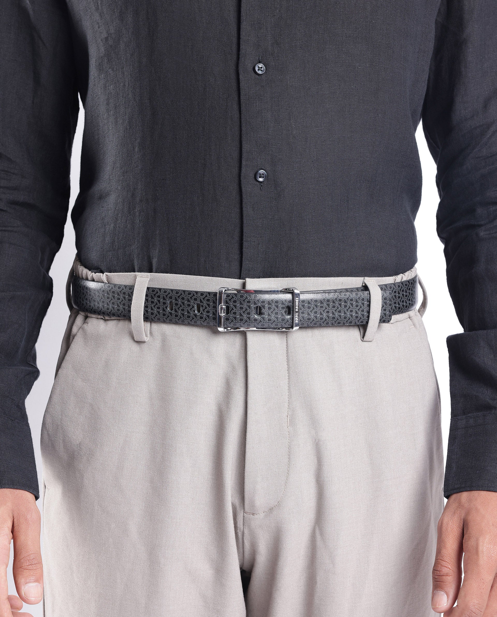 Rare Rabbit Men's Volde Black Reversible Monogram Print Gun Metal Belt