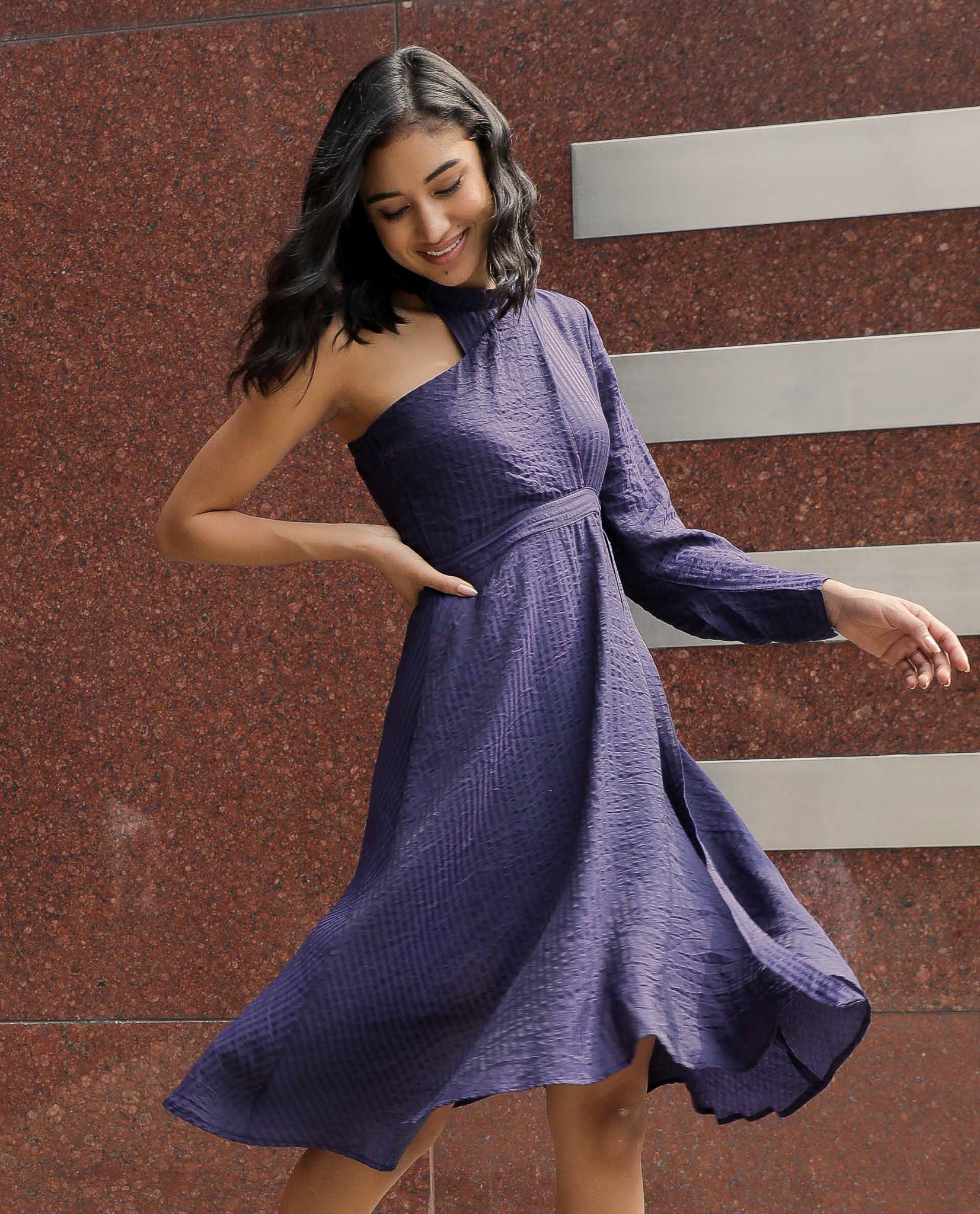 Rareism Women Carnival Navy One Shoulder Full Sleeve With Fabric Waist Belt Flared Knee Length Dress