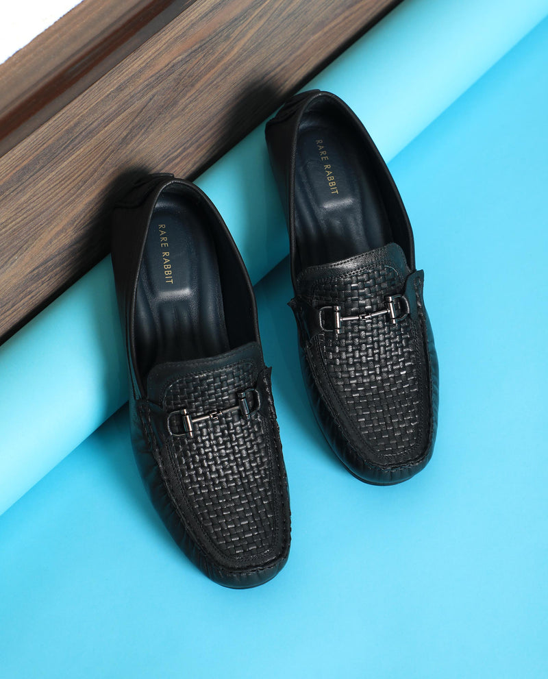 Rare Rabbit Men's Fife Black Slip-on Style Hand Woven Metal Saddle Leather Loafers Shoes