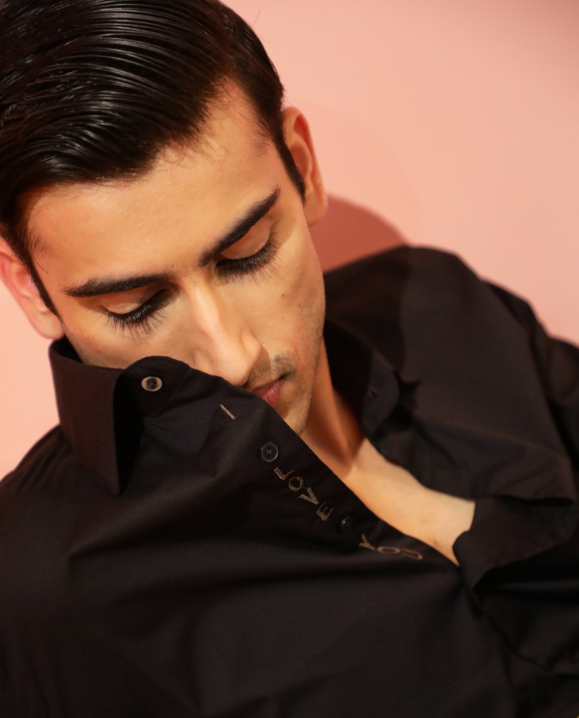 Rare Rabbit Men's I Love You Black Cotton Embroidered Regular Fit Full Sleeve Collared Shirt