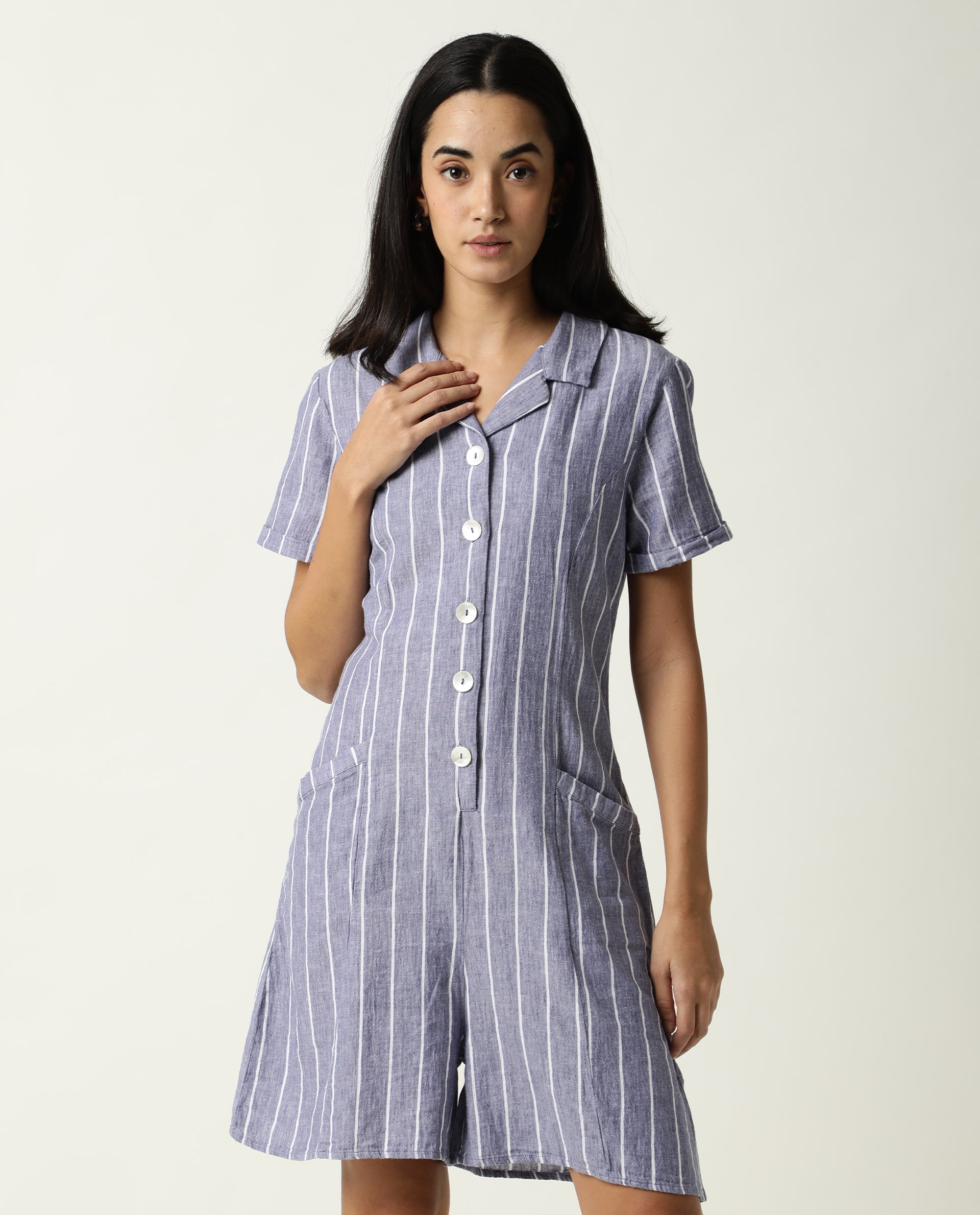 Rareism Women Lucio Blue Cotton Linen Fabric Tailored Fit Shirt Collar Striped Playsuit