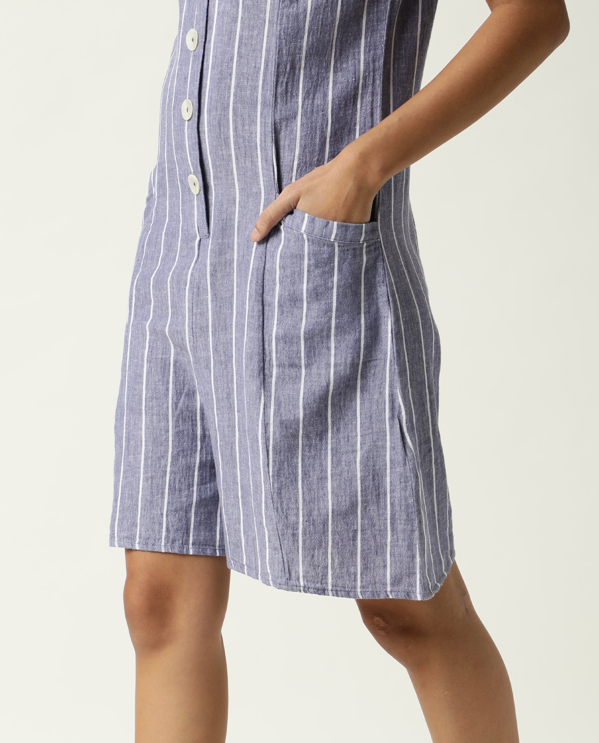 Rareism Women Lucio Blue Cotton Linen Fabric Tailored Fit Shirt Collar Striped Playsuit