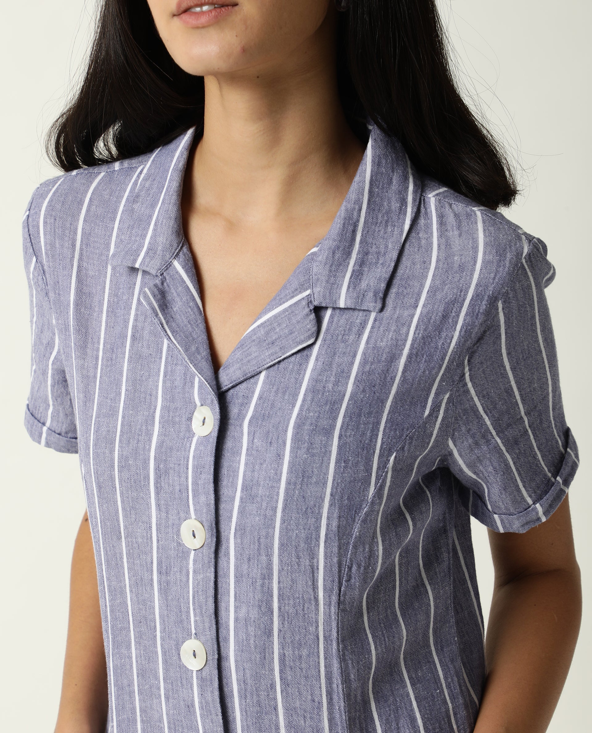 Rareism Women Lucio Blue Cotton Linen Fabric Tailored Fit Shirt Collar Striped Playsuit