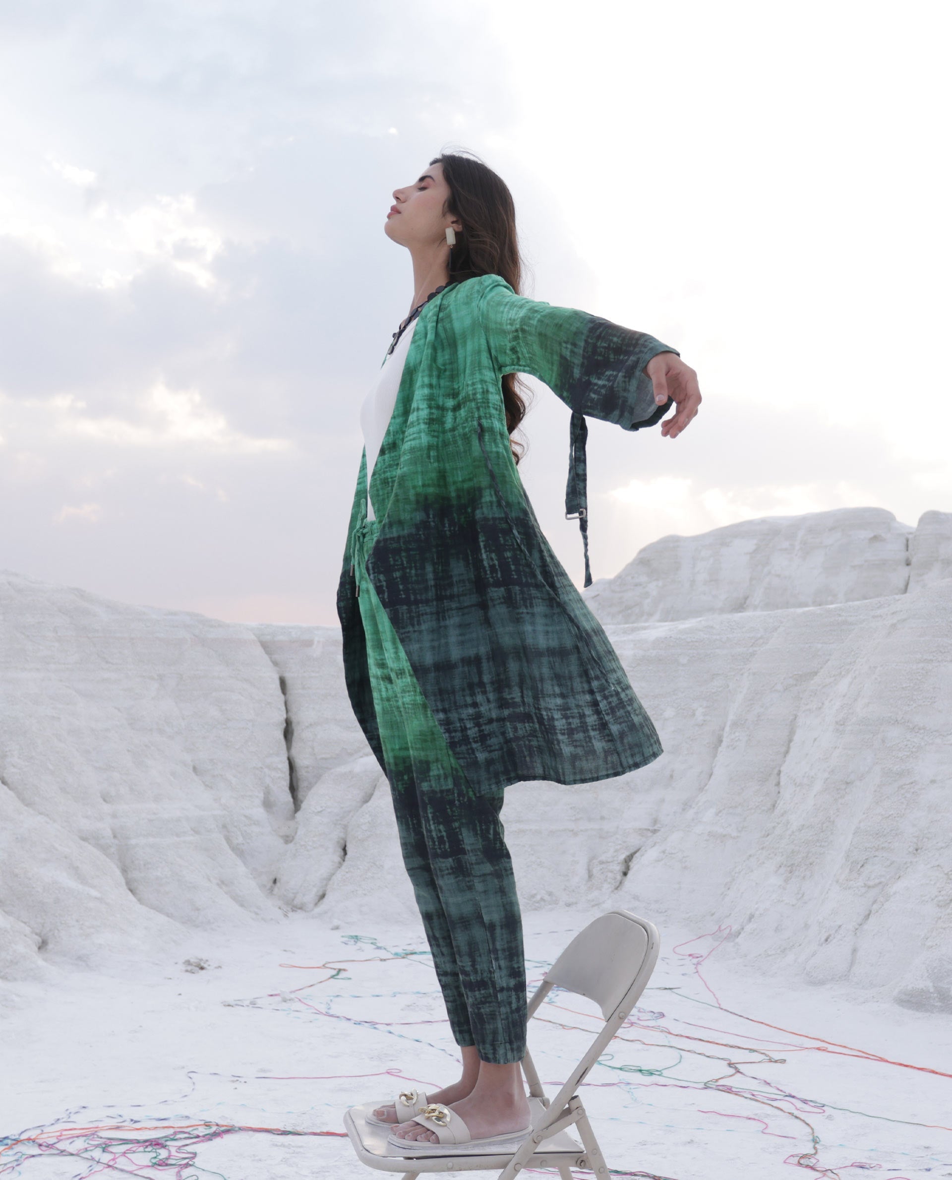 Rareism Women Boss Green Cotton Fabric Regular Fit Knee Length Abstract Print Collarless Outer Wear