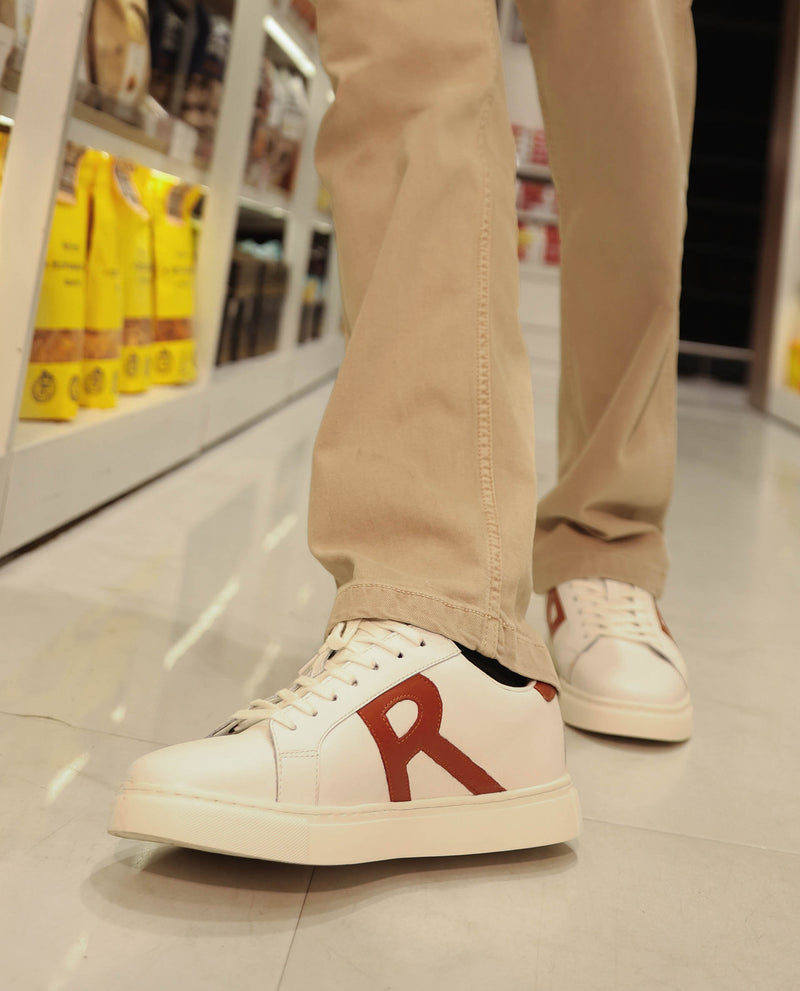 Rare Rabbit Men's Nova White Round Toe Smart Casual Low-Top Lace-Up Logo Branding Sneaker Shoes