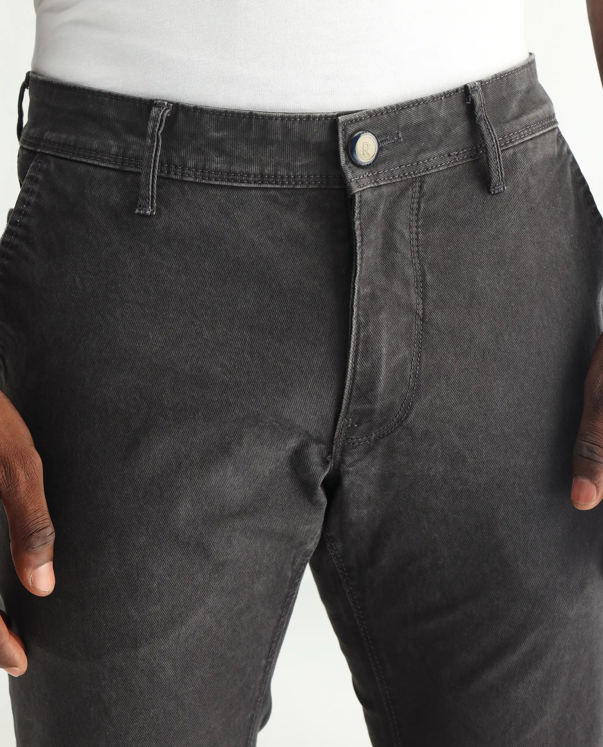 Rare Rabbit Men's Oxin Grey Cotton Plain Hawk Slim Fit Jeans