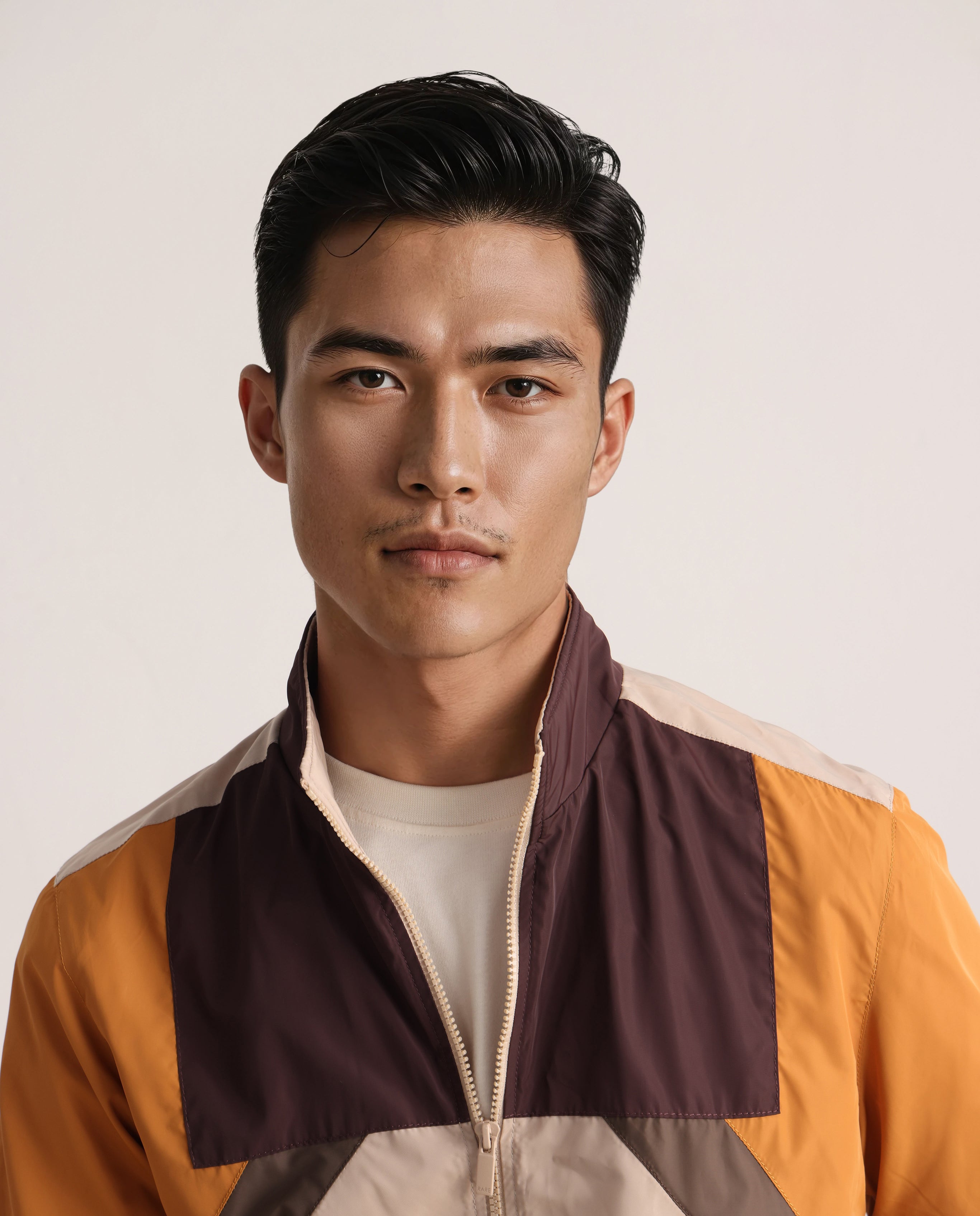 Rare Rabbit Men Malo Beige Polyester Fabric Full Sleeve High Neck Collar Zipper Closure Cut and Sew Jacket