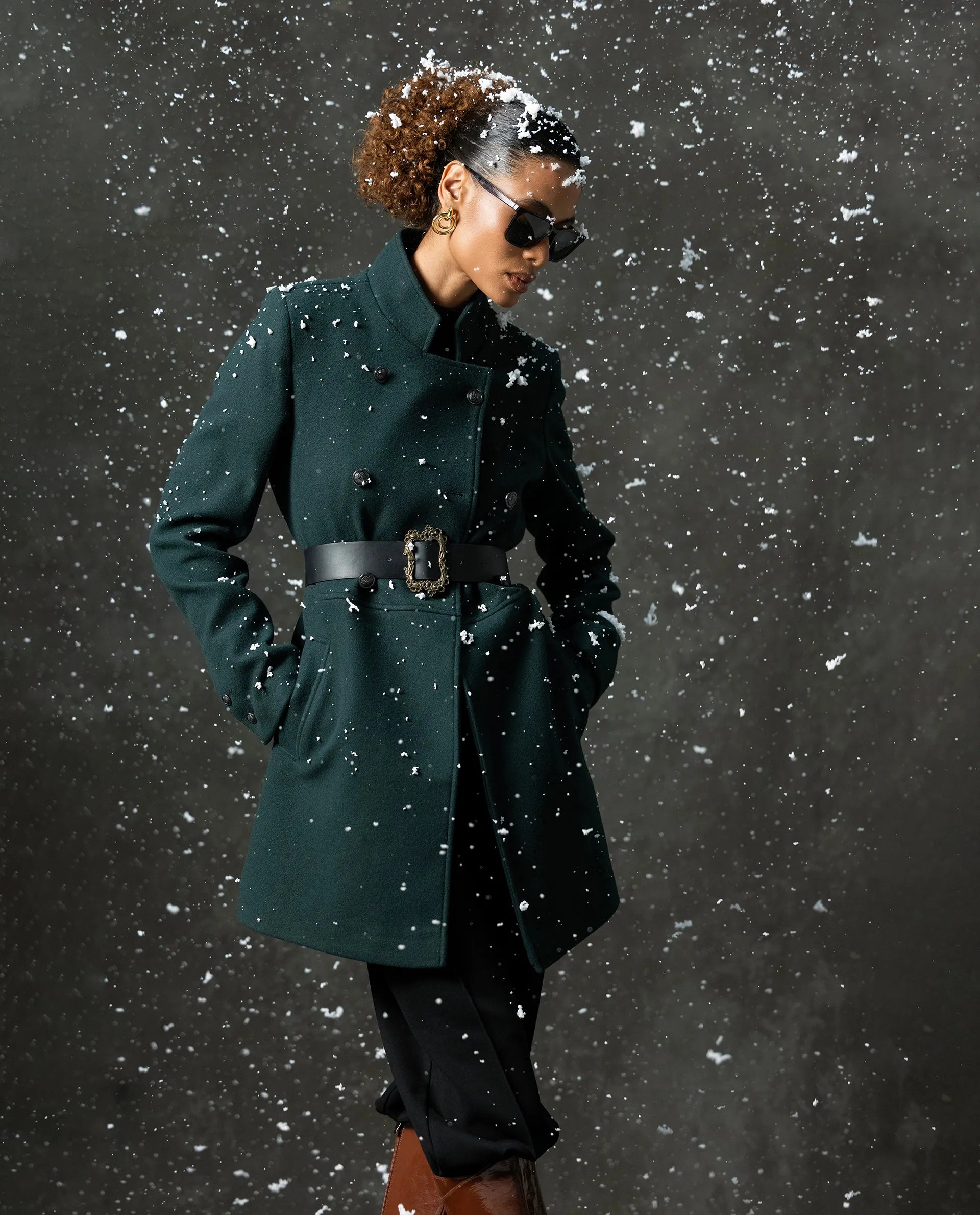 Rareism Women's Norint Dark Teal Polyester Blend Mandarin Collar Fitted Coat