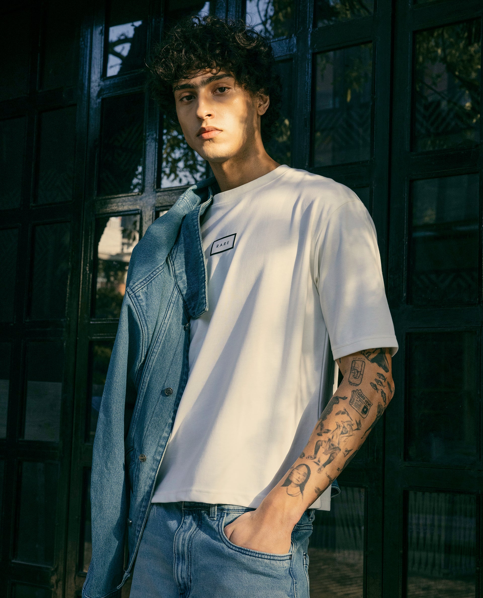 Rare Rabbit Men Persus Off White Cotton Poly Fabric Short Sleeve Boxy Fit Printed T-Shirt