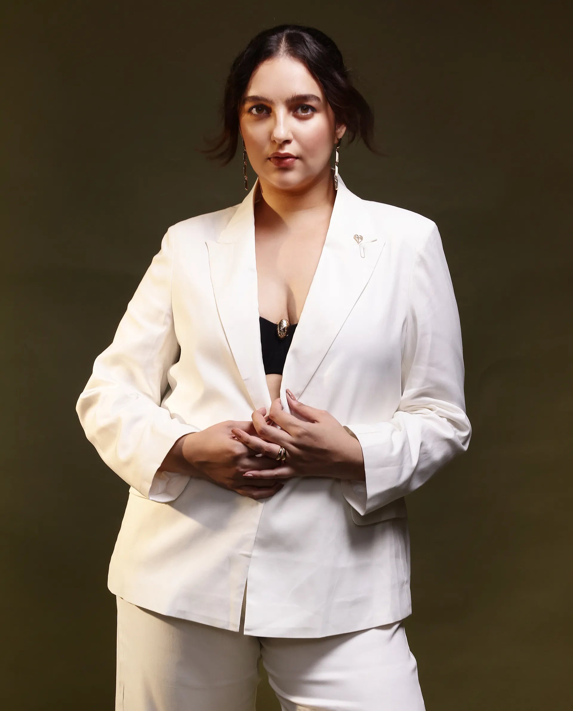 Rareism Women Ziva Off White Full Sleeves Tailored Fit Solid Polyester Fabric Blazer