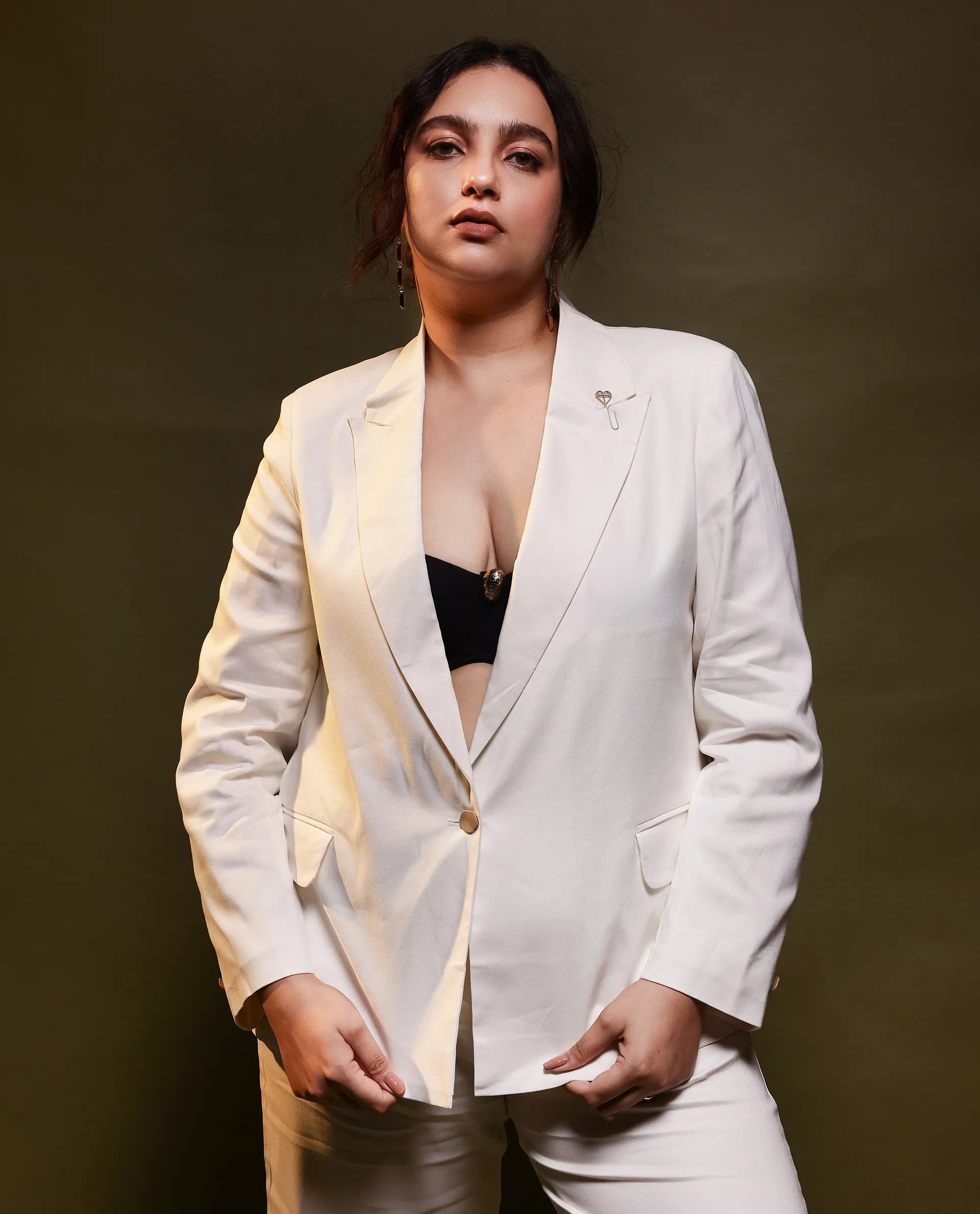 Rareism Women Ziva Off White Full Sleeves Tailored Fit Solid Polyester Fabric Blazer