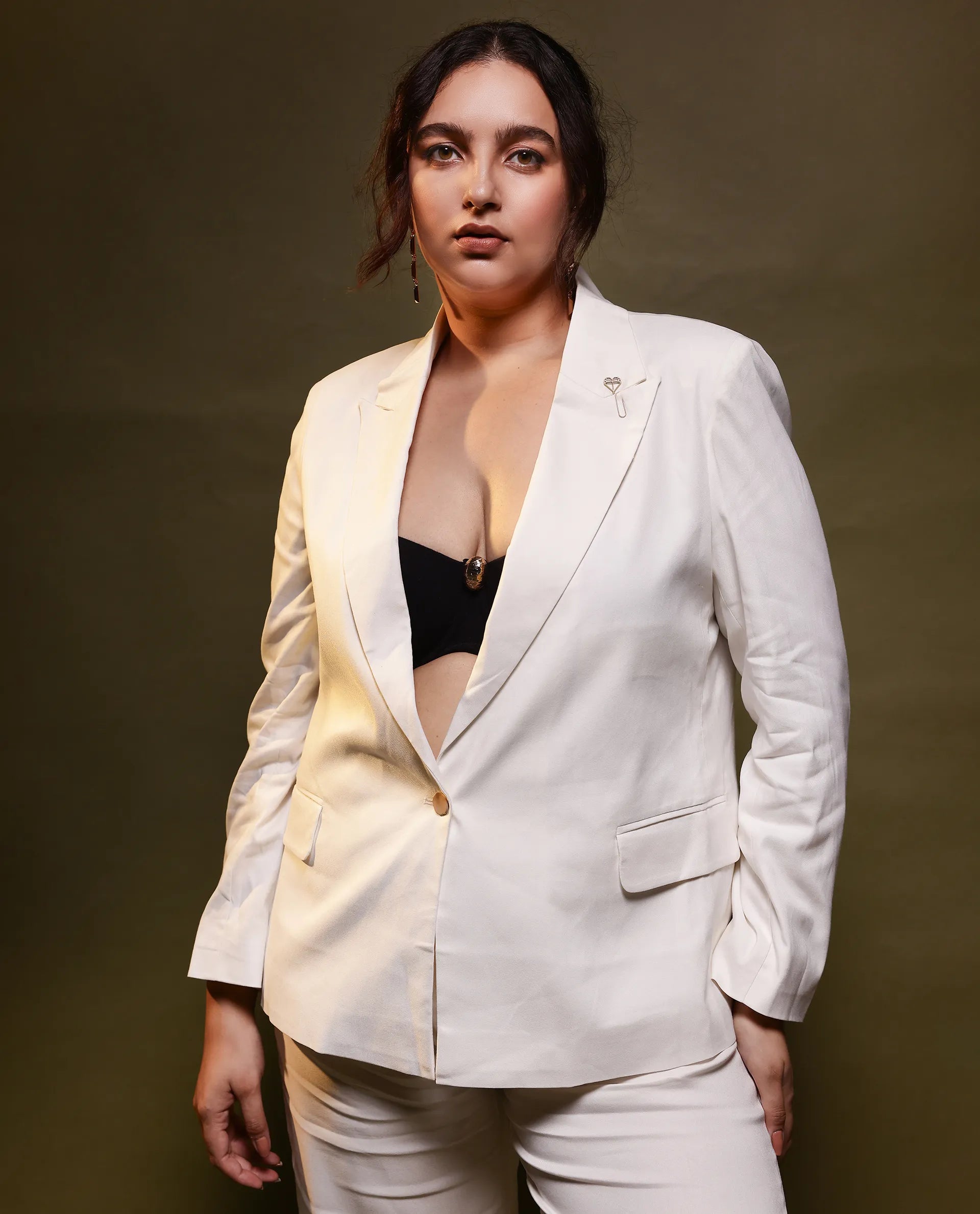 Rareism Women Ziva Off White Full Sleeves Tailored Fit Solid Polyester Fabric Blazer