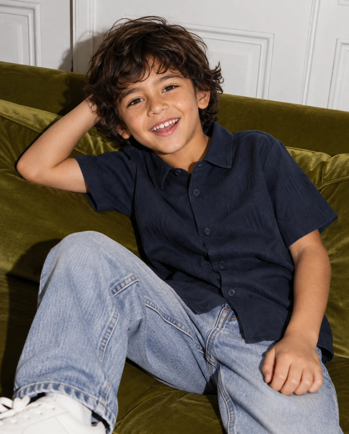 Rare Ones Kids Cubs-K Navy Cotton Fabric Button Closure Regular Fit Jacquard Shirt