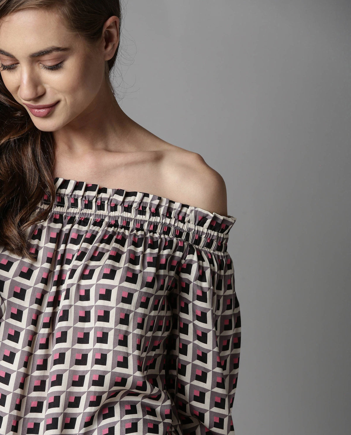 Rareism Women Fest Beige Top Short Sleeves Printed