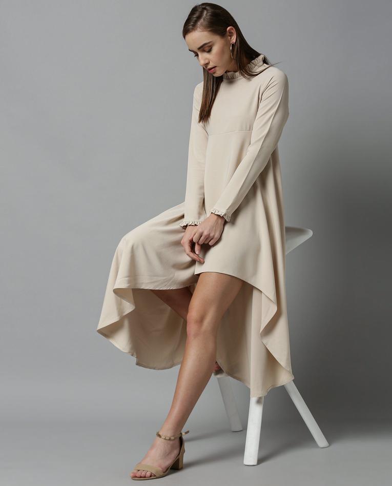 Rareism Women Concert Beige Dress Full Sleeves Solid