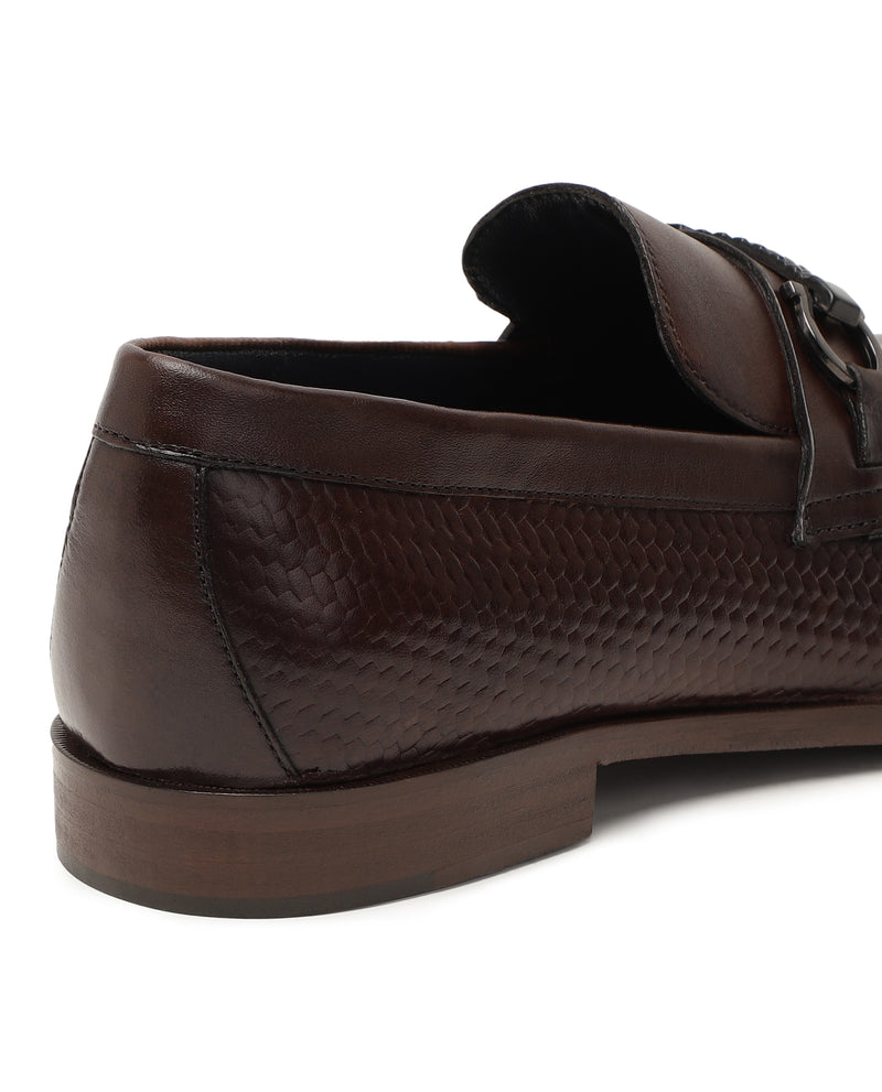 Rare Rabbit Men's Halton Brown Woven Textured Metal Saddle Premium Loafers Shoes