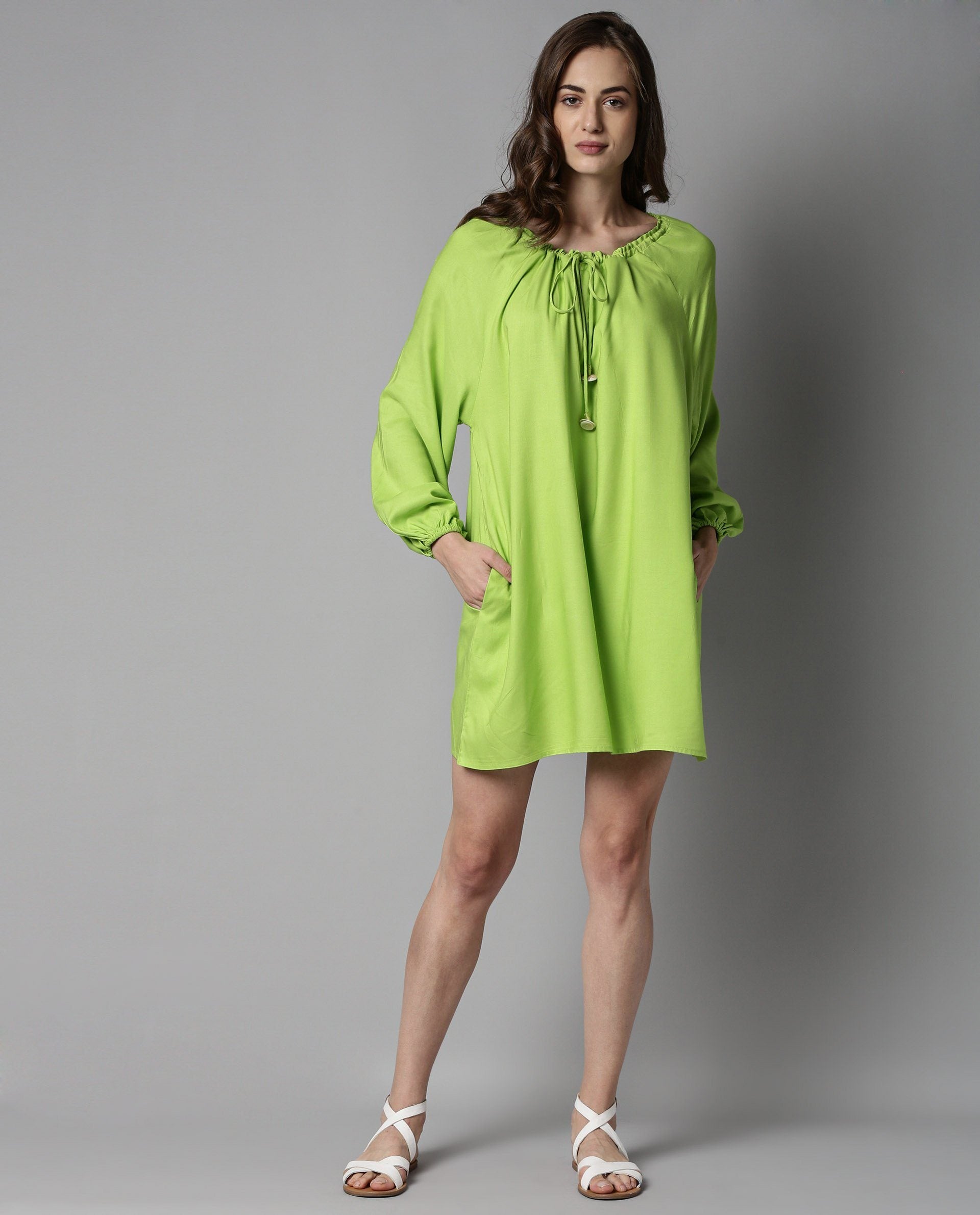Rareism Women Mason Green Dress Full Sleeves Solid