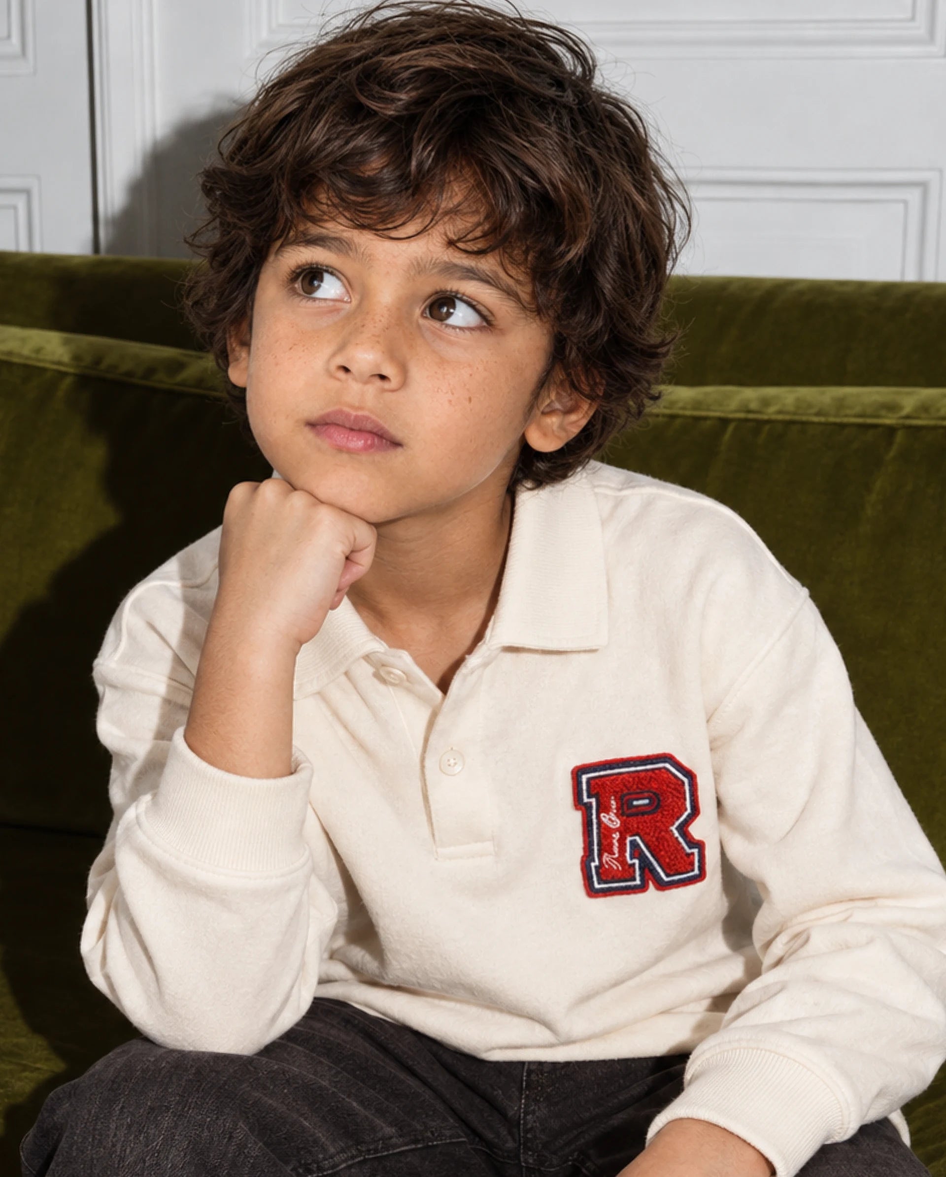 Rare Ones Kids Faris Off White Cotton Blend Fabric Spread Collar Button Closure Regular Fit Embroidered Polo
