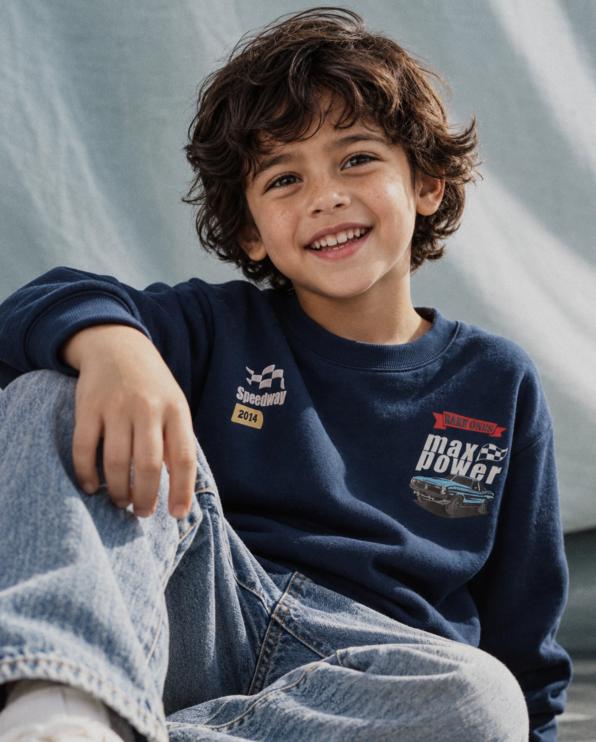 Rare Ones Kids Benny Dark Blue Cotton Blend Fabric Crew Neck Pull-On Closure Oversized Fit Hd Print Sweatshirt