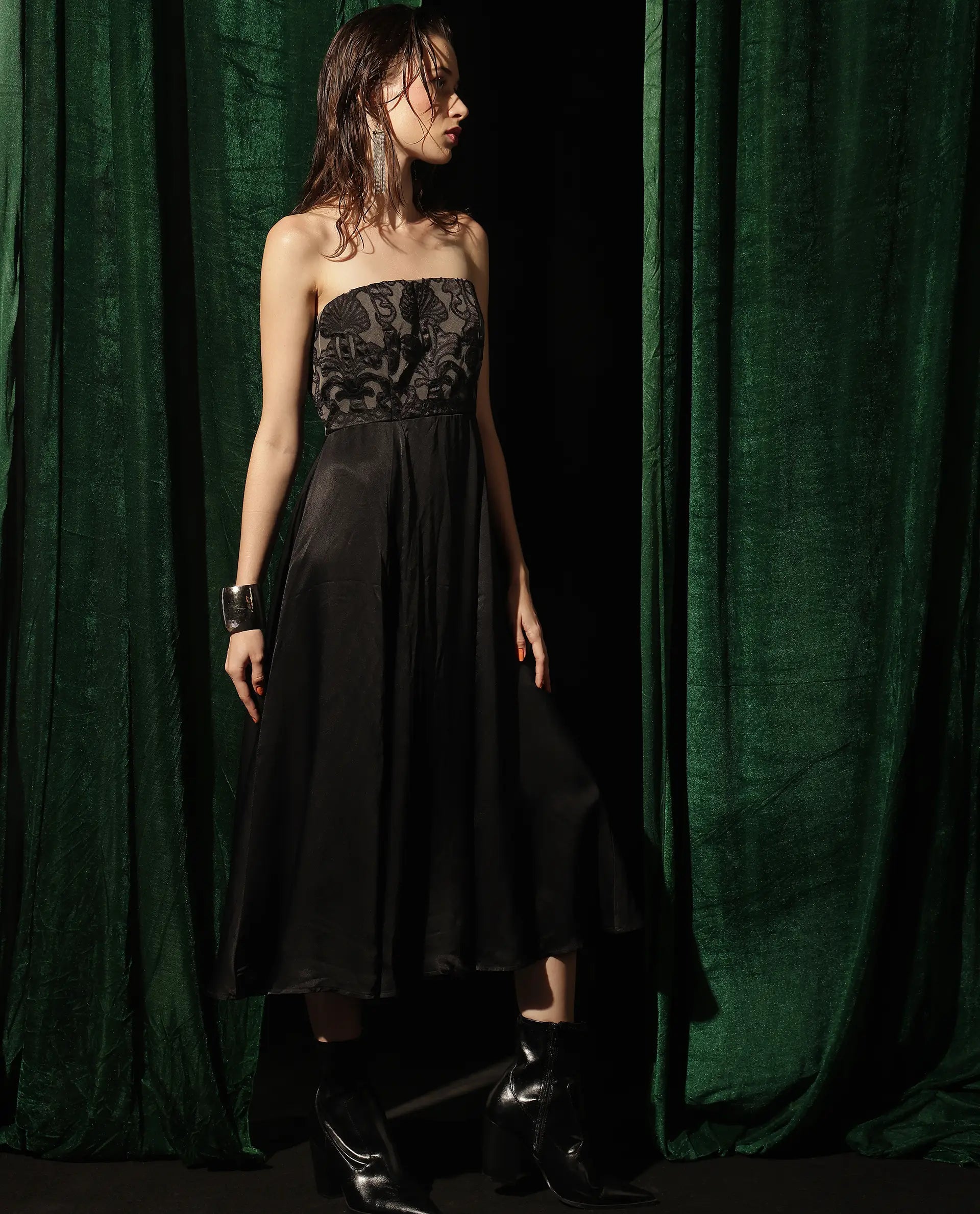 Rareism Women Nizfer Black Satin Sleeveless Tube Neck Zipper Closure Fit And Flare Midi Plain Dress