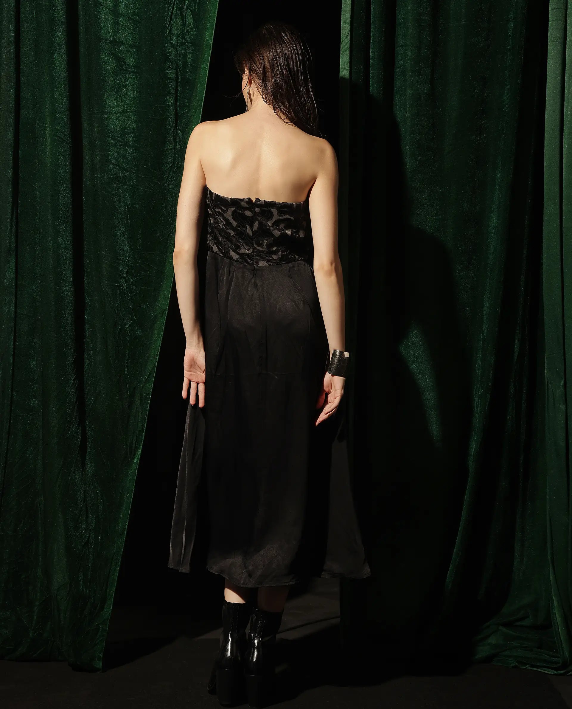 Rareism Women Nizfer Black Satin Sleeveless Tube Neck Zipper Closure Fit And Flare Midi Plain Dress