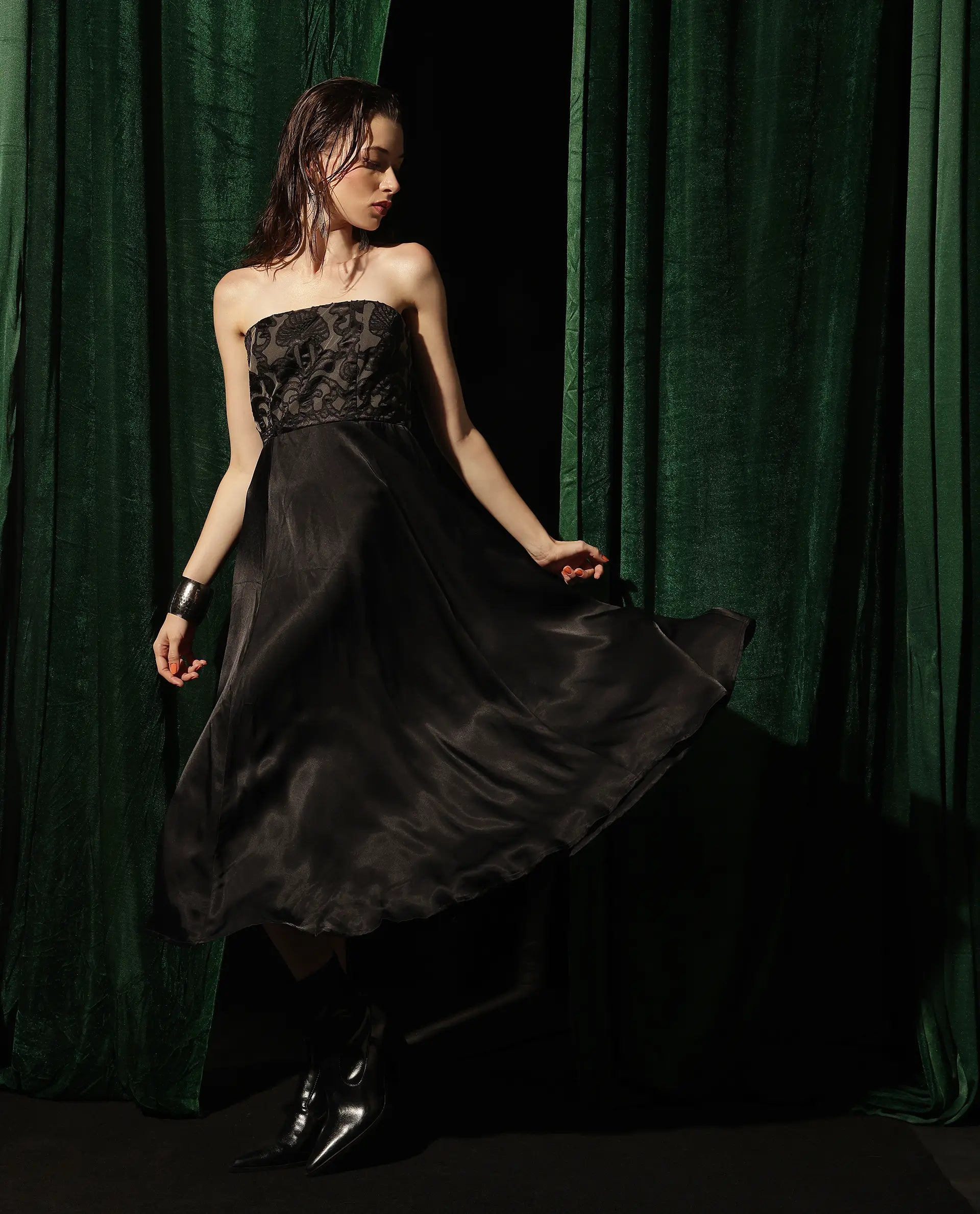 Rareism Women Nizfer Black Satin Sleeveless Tube Neck Zipper Closure Fit And Flare Midi Plain Dress