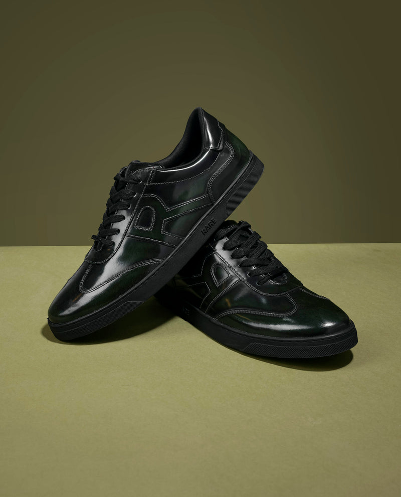 Rare Rabbit Mens Mercury Green Shiny Brush Off Leather Lace Up Low Top Round Toe Smart Casual Sneaker Shoes