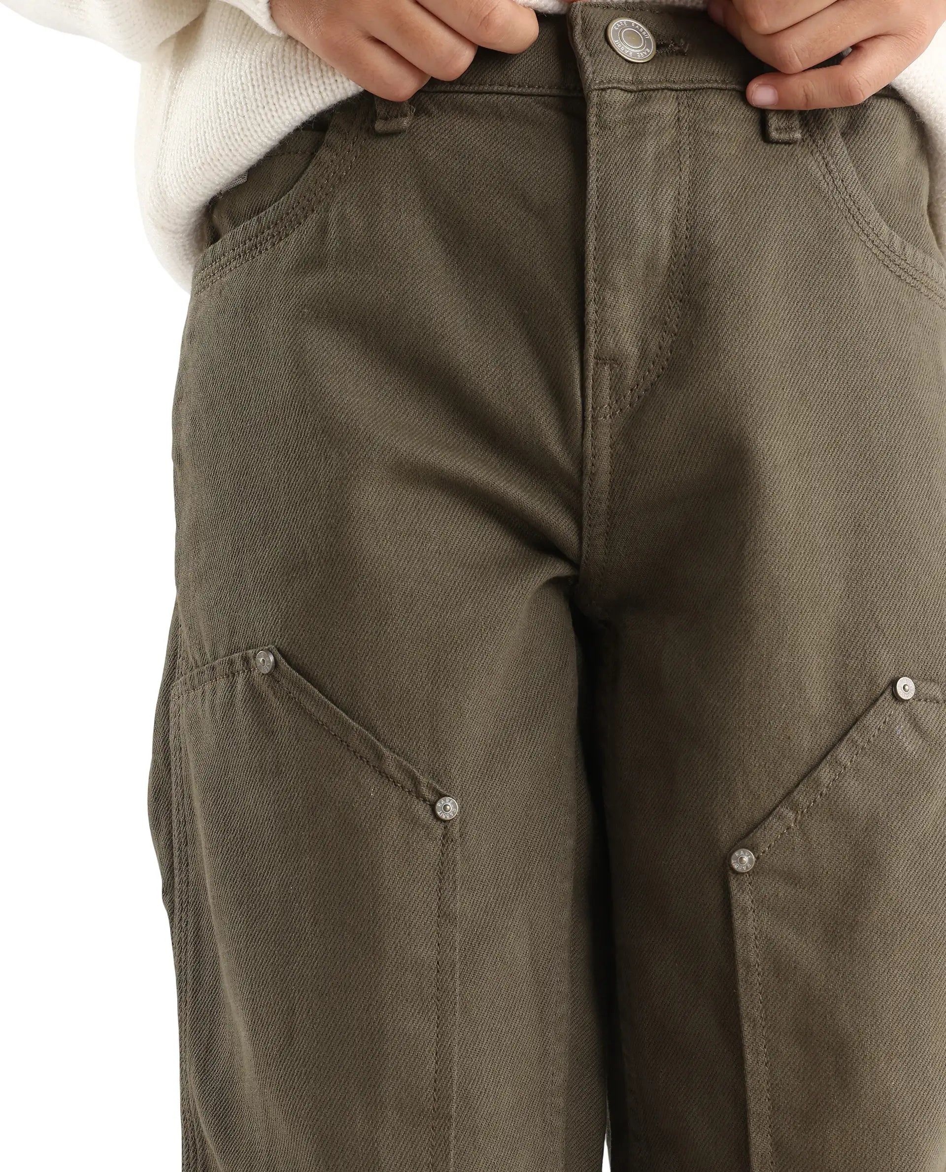 Rare Ones Kids Arvi-K Green Cotton Button And Zip Carpenter Fit Denim Pant