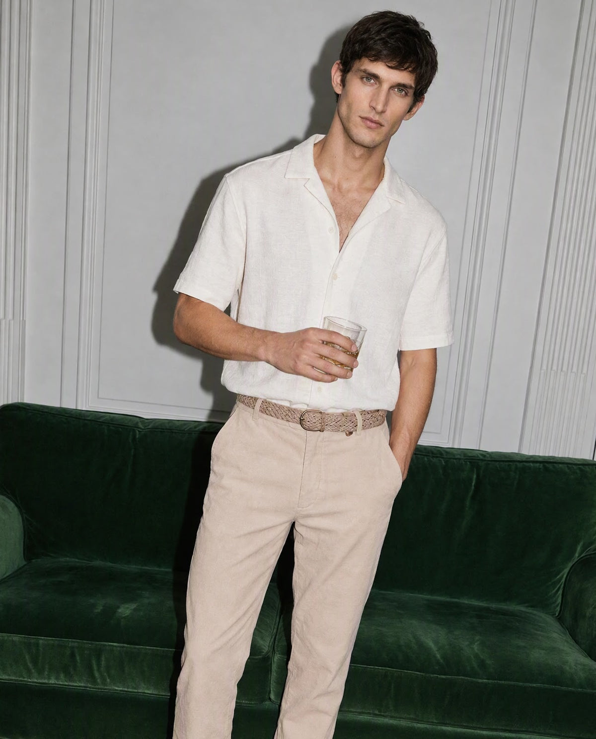 Rare Rabbit Men's Chans Beige Cotton Straight Fit Length Plain Trouser