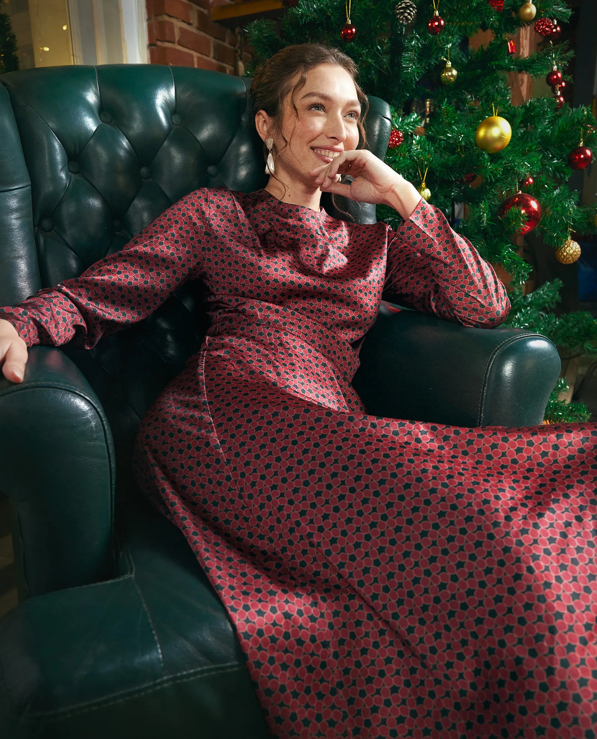 Rareism Women's Jenlio Dark Green Polyester High Neck Fitted Geometric Print Midi Dress