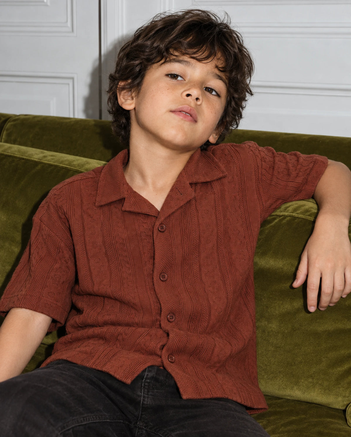 Rare Ones Kids Lyra Rust Cotton Fabric Cuban Collar Button Closure Regular Shirt