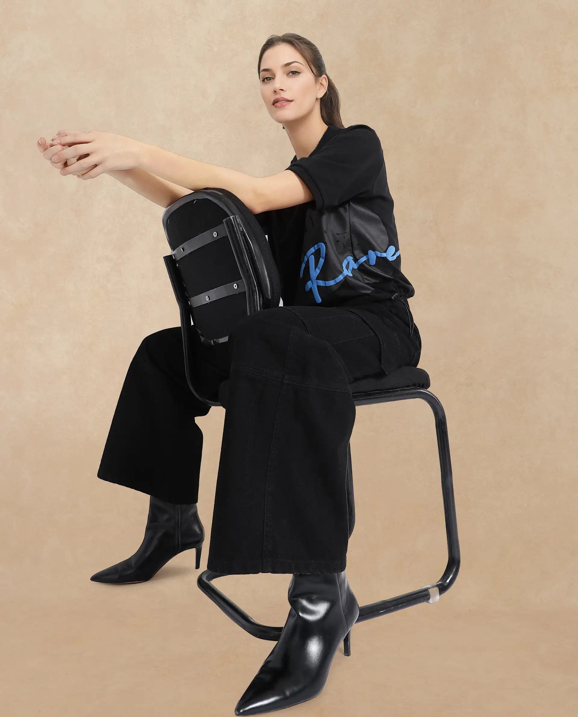 Rareism Women Marco Black Cotton Lycra Fabric Short Sleeve Crew Neck Graphic Print T-Shirt