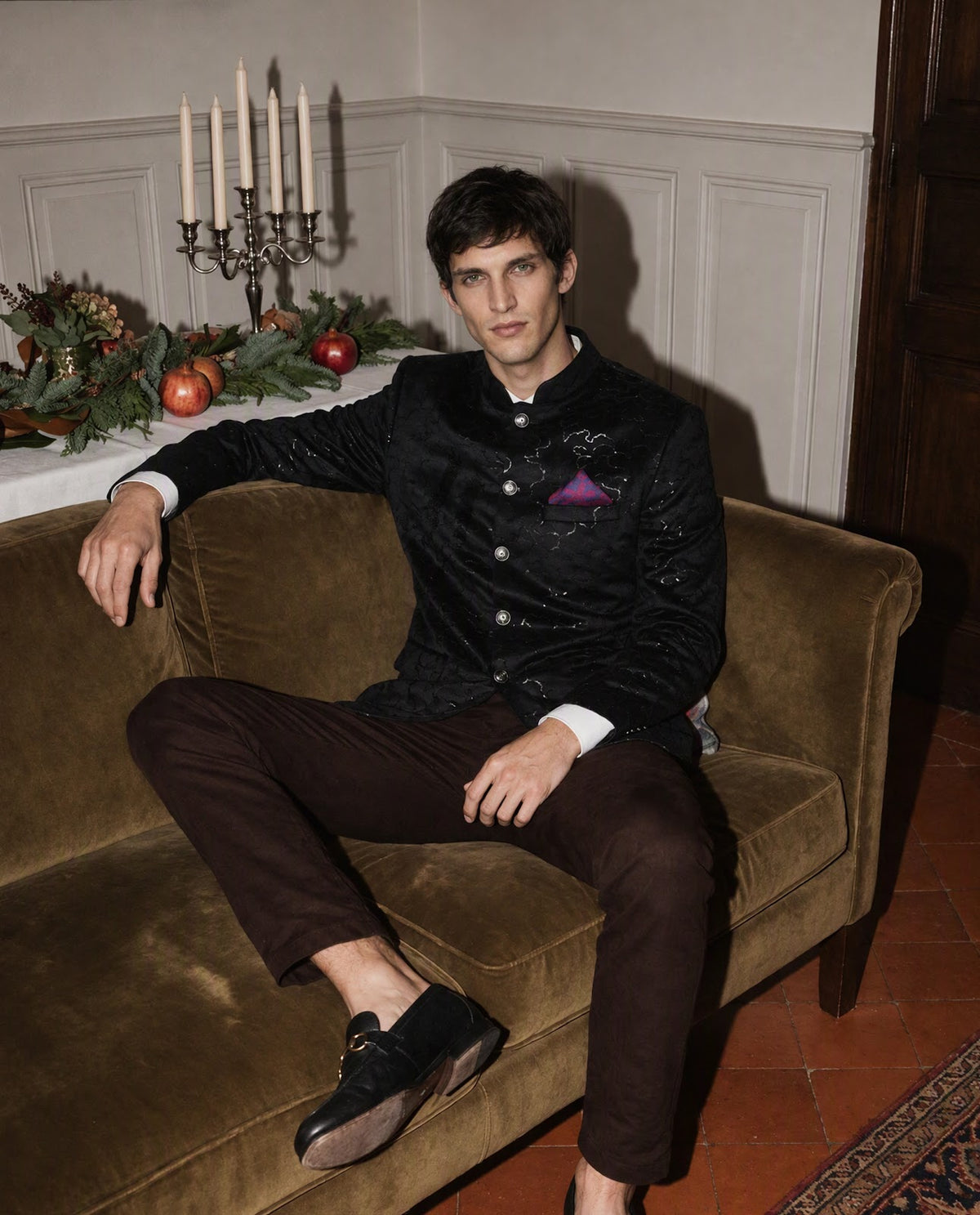 Rare Rabbit Men's Caldy Black Polyester Blend Embellished Tailored Fit Full Sleeve Mandarin Collar Bandhgala Jodhpuri
