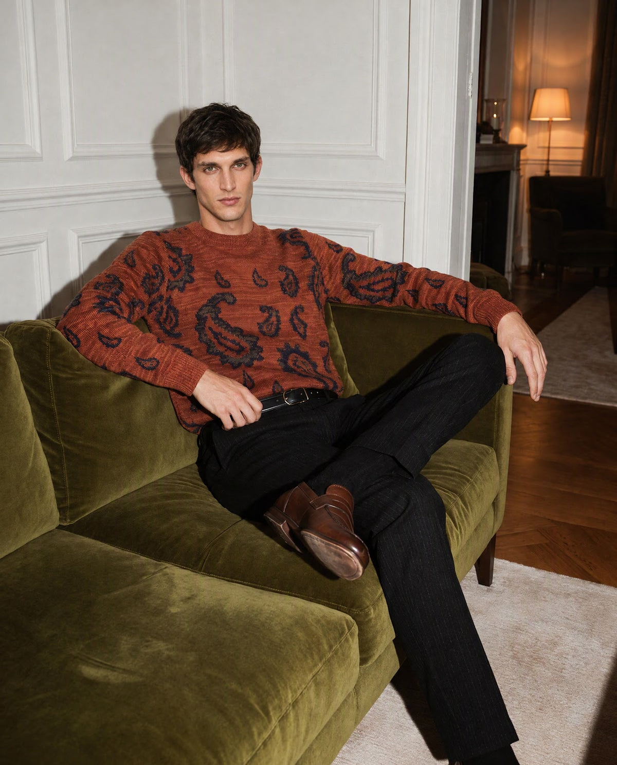 Rare Rabbit Men's Spav Dusky Rust Acrylic Regular Fit Paisley Print Sweater