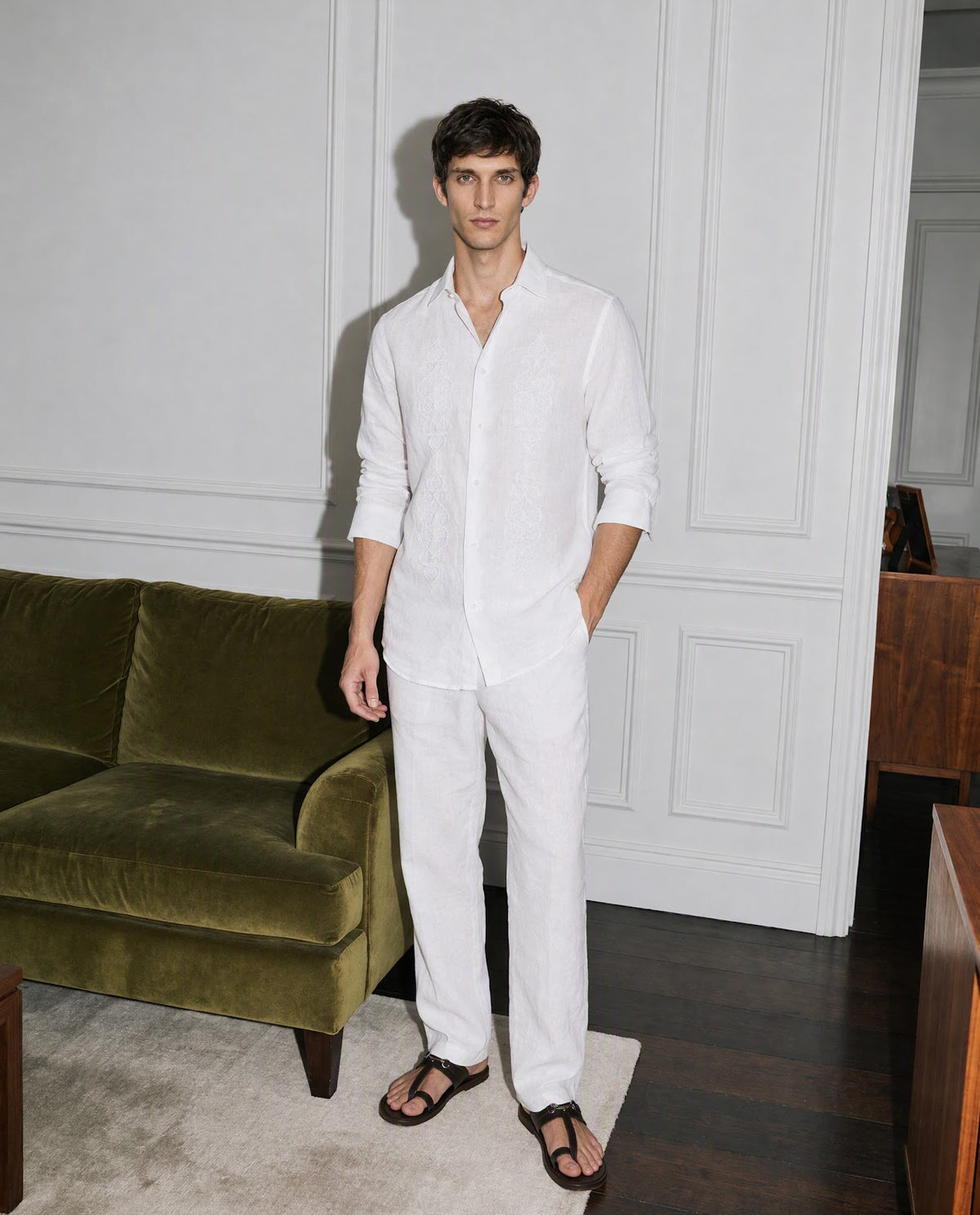 Rare Rabbit Men's Nong White Linen Blend Spread Collar Regular Embroidered Shirt