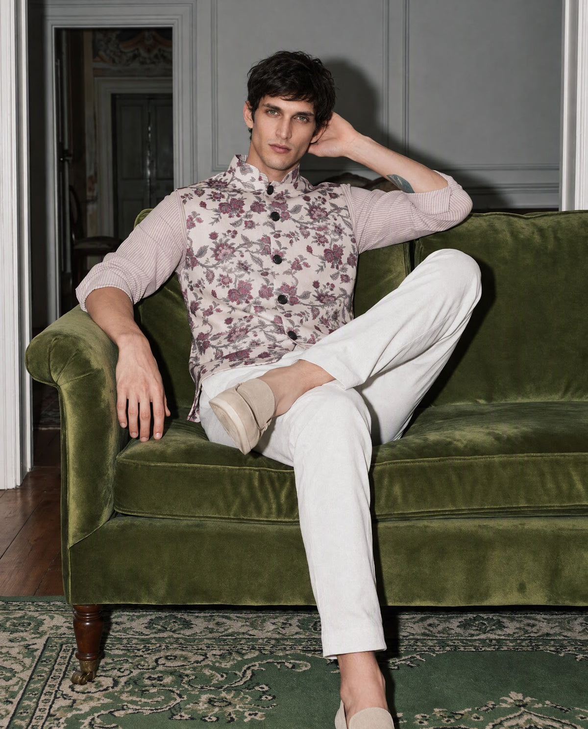 Rare Rabbit Men's Camero Light Beige Polyester Blend Floral Print Tailored Fit Sleeveless Mandarin Collar Bandhgala